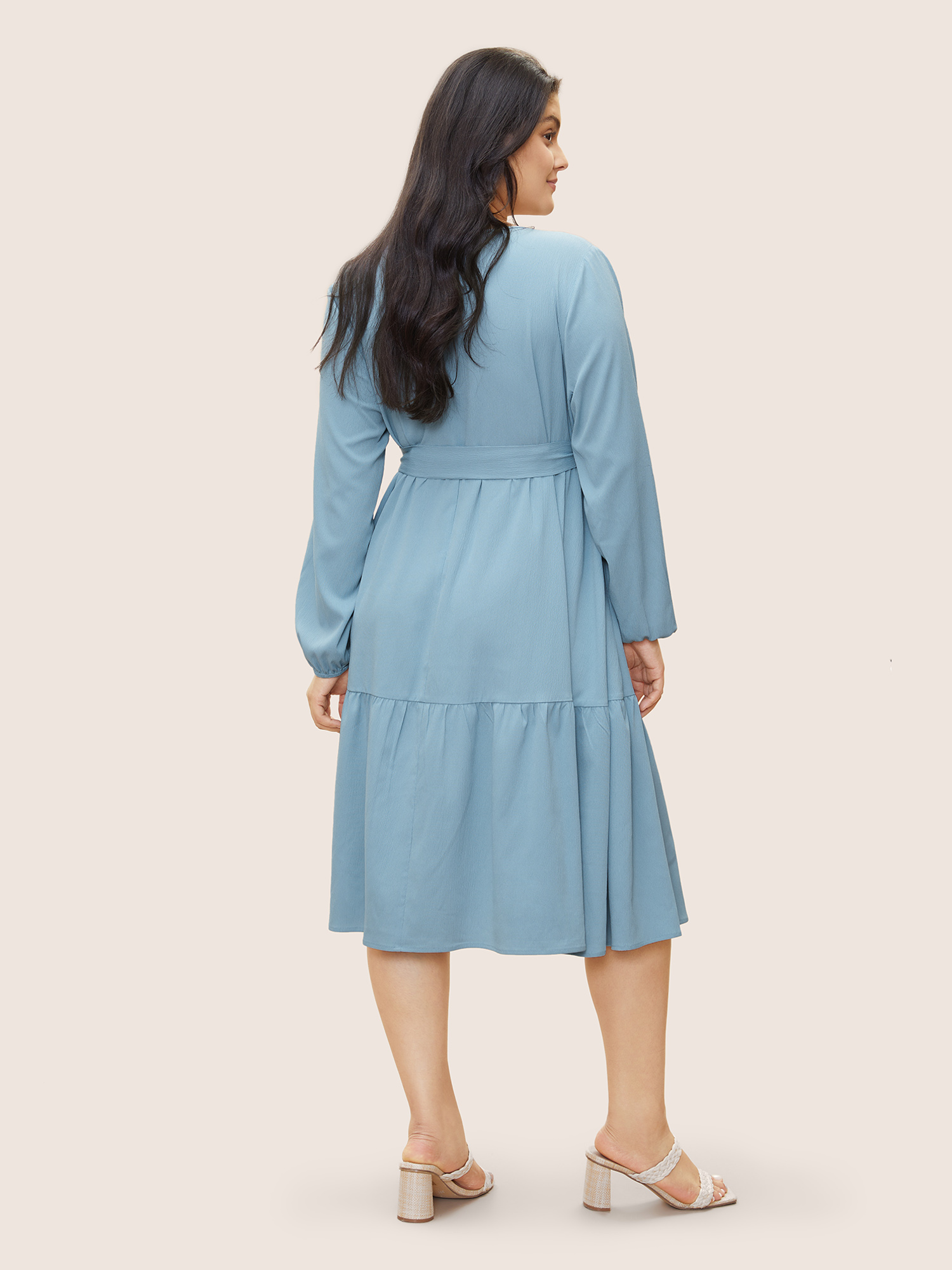 

Plus Size Geometric Hollow Out Notched Ruffle Layered Hem Dress LightBlue Women Elegant Broderie anglaise Round Neck Long Sleeve Curvy Midi Dress BloomChic