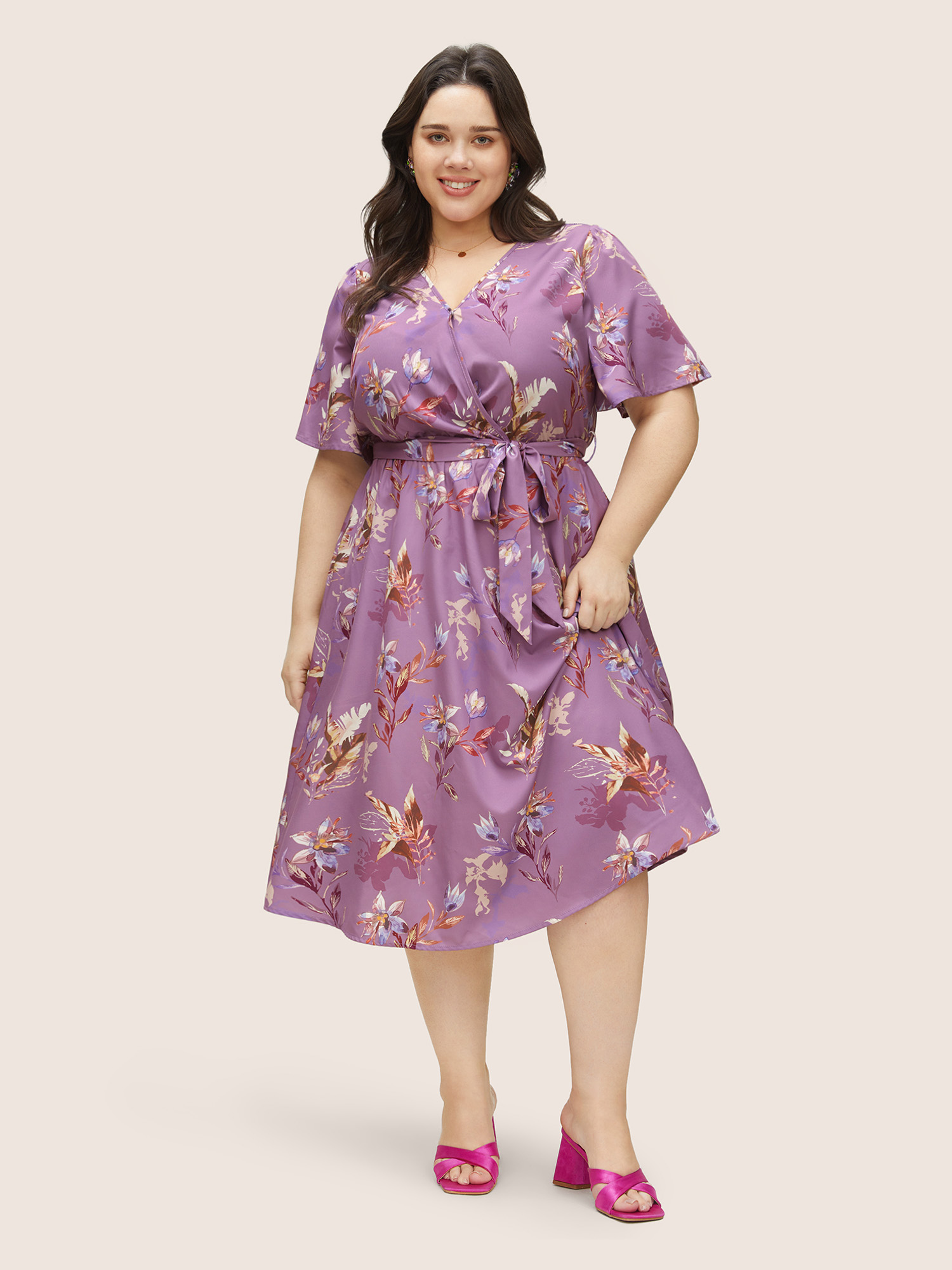 

Plus Size Floral Print Pocket Wrap Belted Dress Lilac Women Elegant Non Overlap Collar Short sleeve Curvy Midi Dress BloomChic