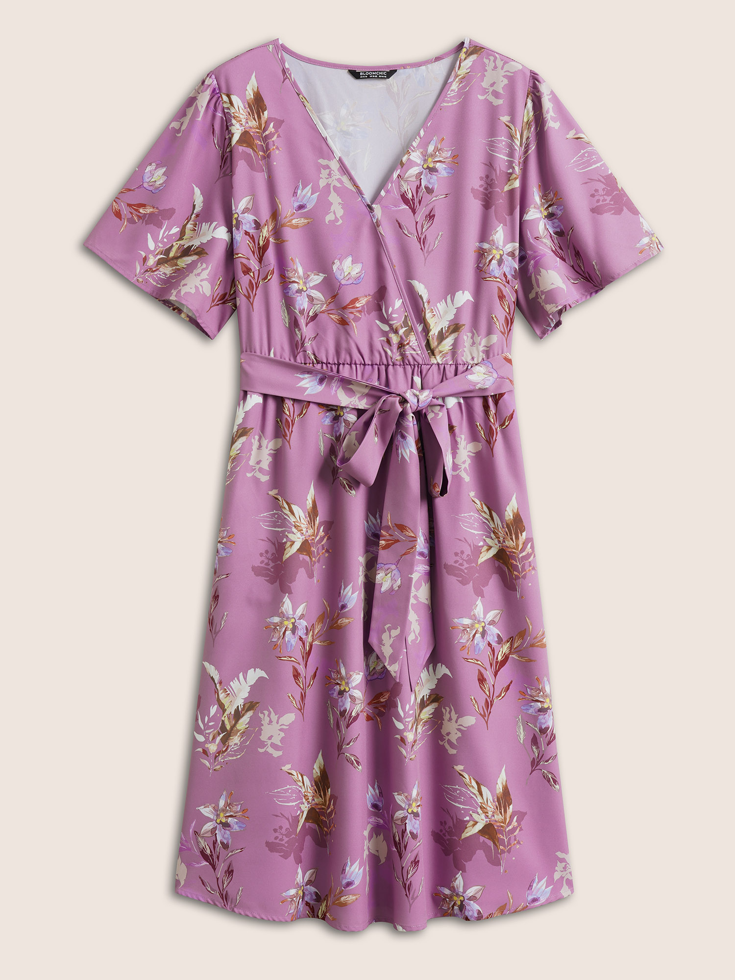 

Plus Size Floral Print Pocket Wrap Belted Dress Lilac Women Non Curvy Midi Dress BloomChic