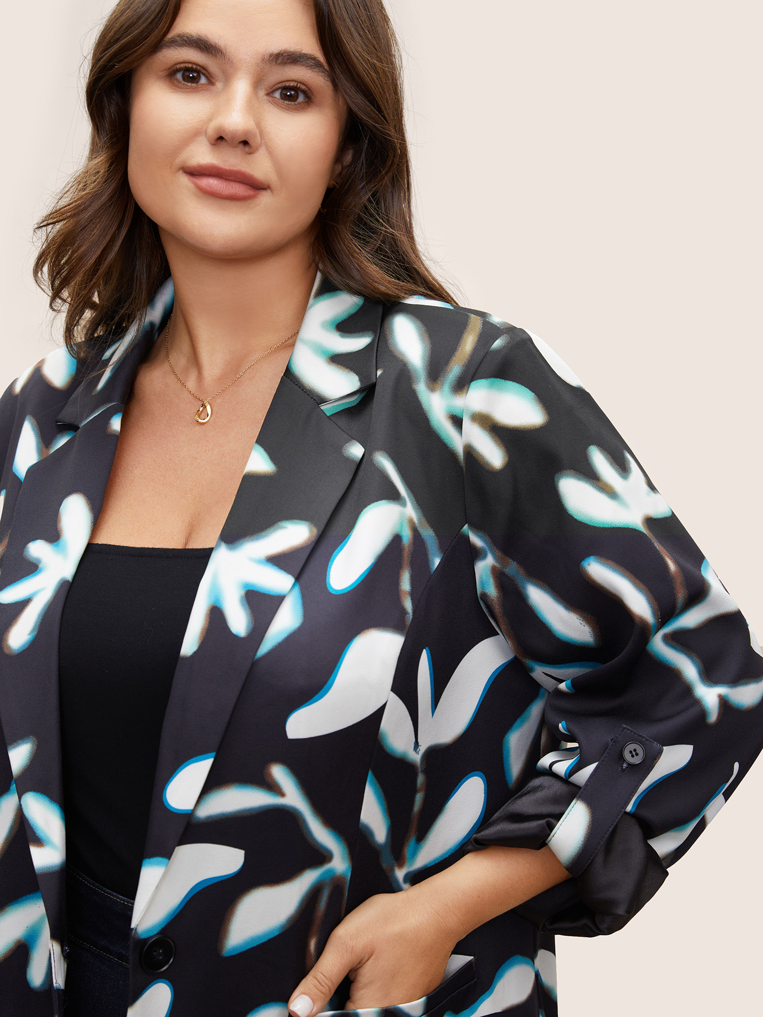 Plus Size Women Work Plants Button Regular Sleeve Long Sleeve Suit Collar Pocket At the Office Blazers BloomChic 