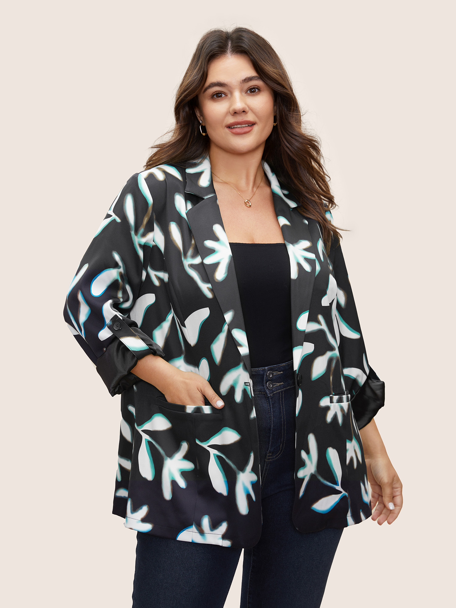 Plus Size Women Work Plants Button Regular Sleeve Long Sleeve Suit Collar Pocket At the Office Blazers BloomChic 