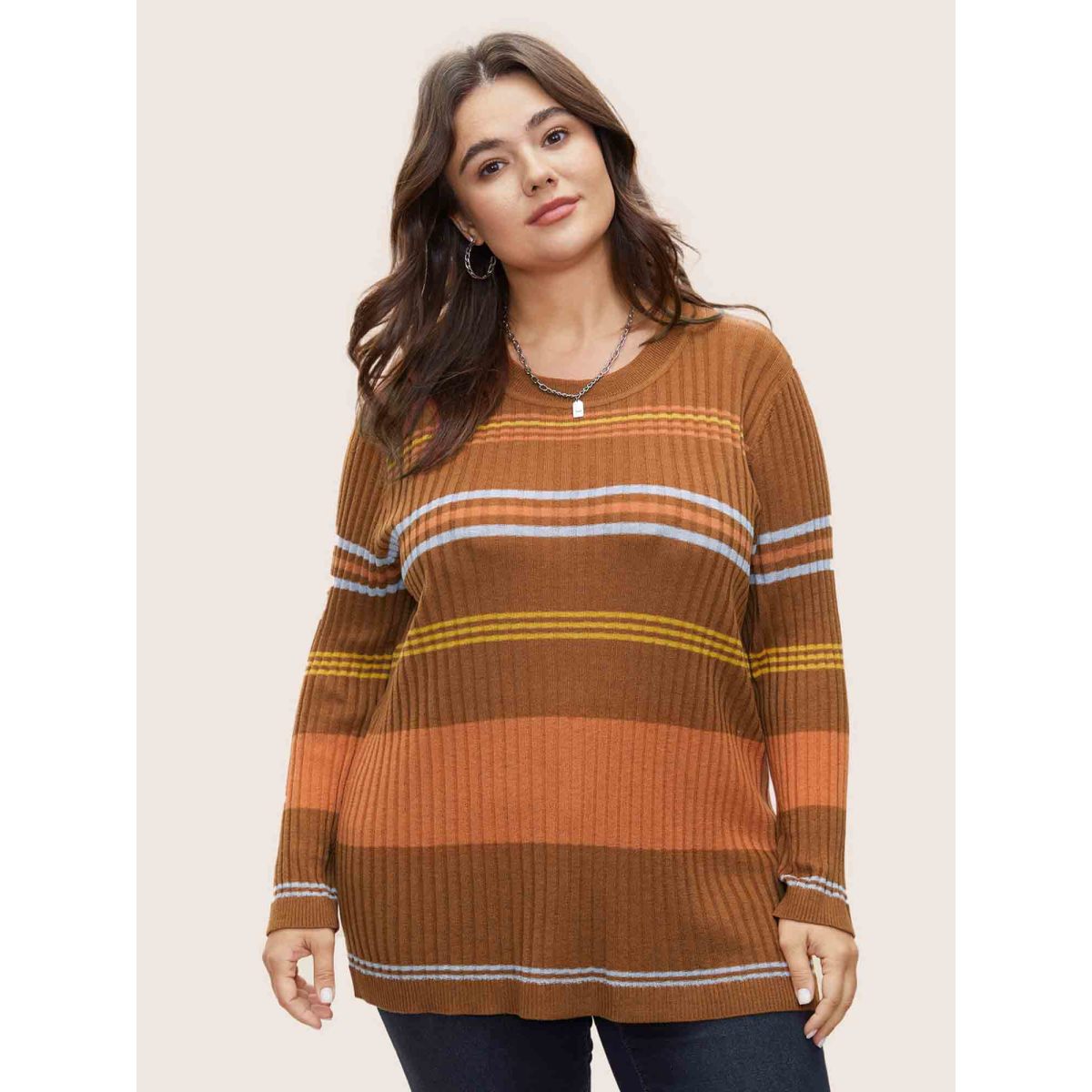 

Plus Size Supersoft Essentials Contrast Striped Pullover Rust Women Casual Long Sleeve Round Neck Everyday Pullovers BloomChic
