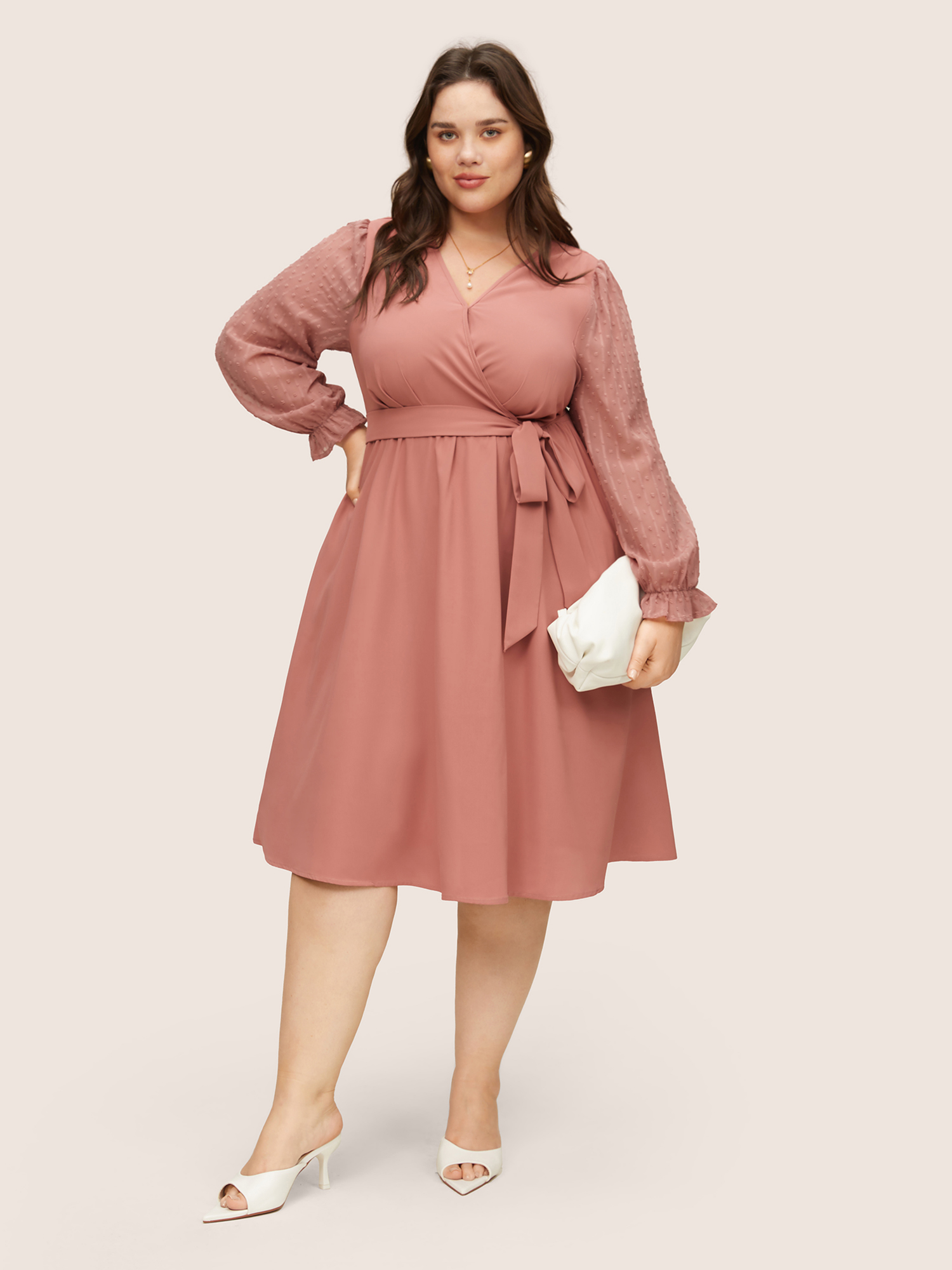 

Plus Size Plain Mesh Textured Patchwork Belted Dress DustyPink Women At the Office Texture Overlap Collar Long Sleeve Curvy Midi Dress BloomChic