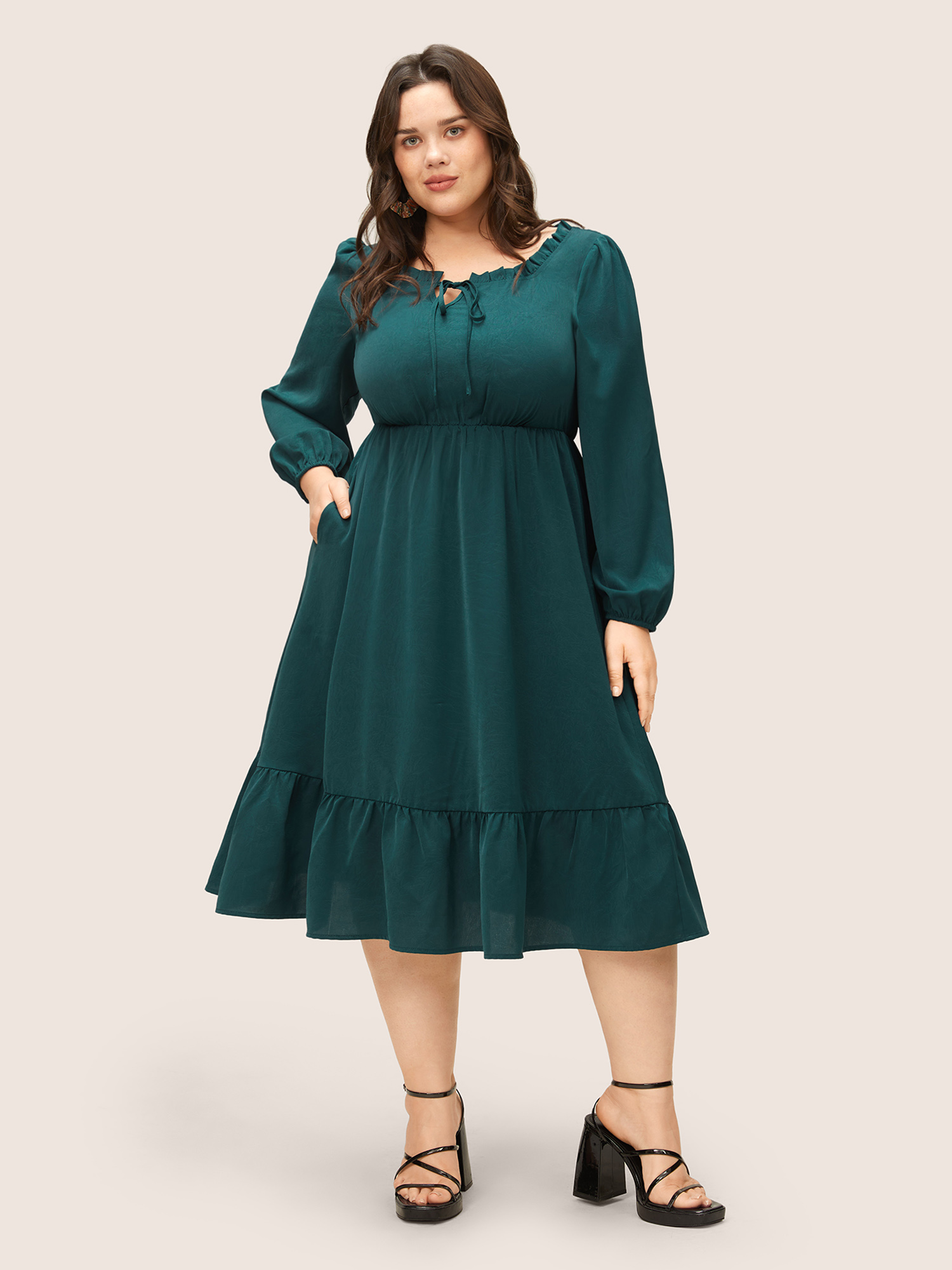 

Plus Size Solid Pleated Patchwork Frill Trim Tie Neck Dress Cyan Women Elegant Non V-neck Long Sleeve Curvy Midi Dress BloomChic