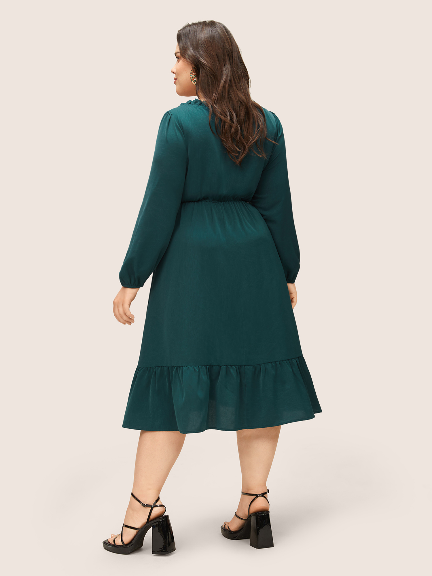 

Plus Size Solid Pleated Patchwork Frill Trim Tie Neck Dress Cyan Women Elegant Non V-neck Long Sleeve Curvy Midi Dress BloomChic