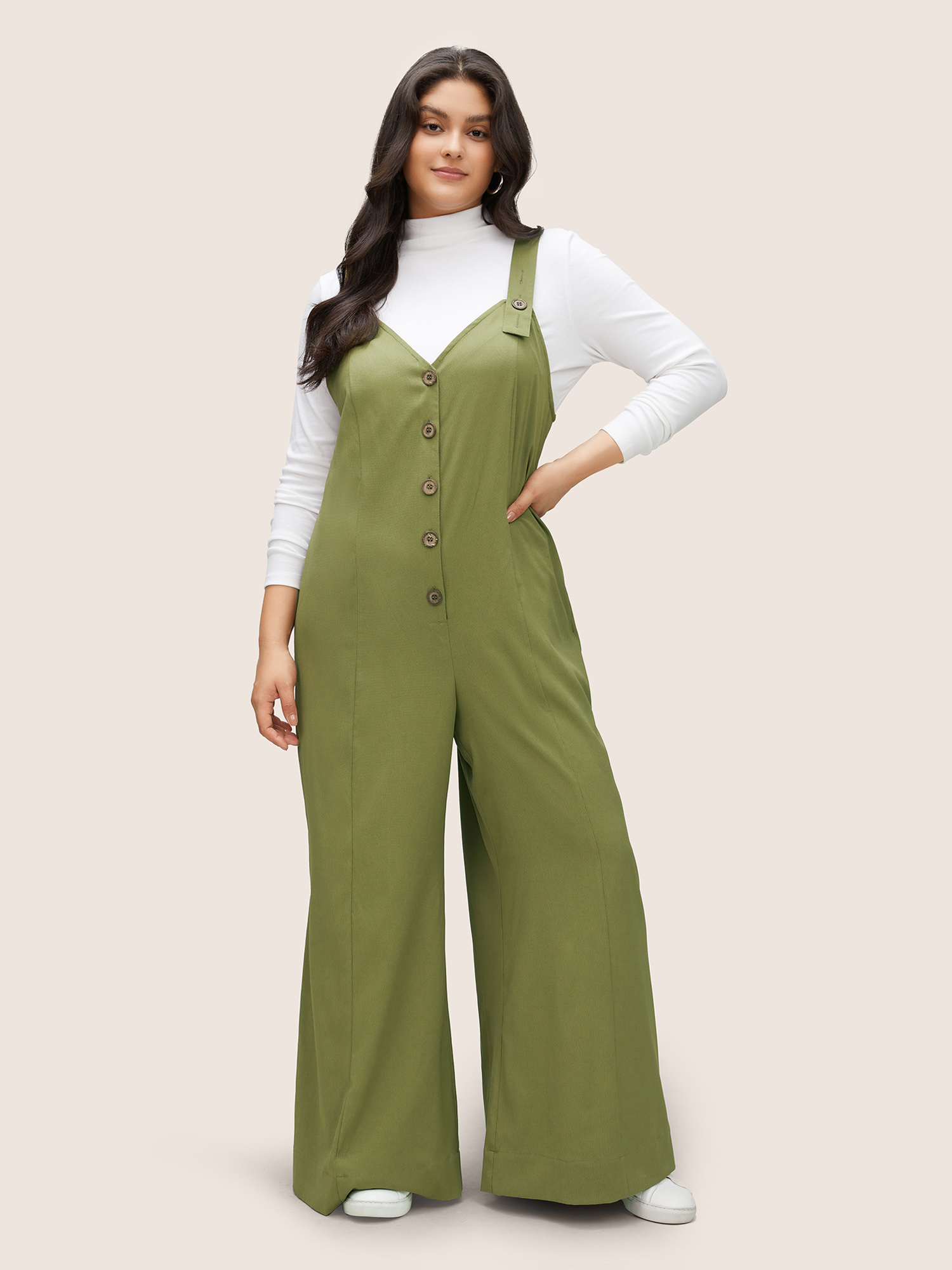 

Plus Size ArmyGreen Solid Texture Button Up Crinkled Jumpsuit Women Casual Sleeveless V-neck Everyday Loose Jumpsuits BloomChic