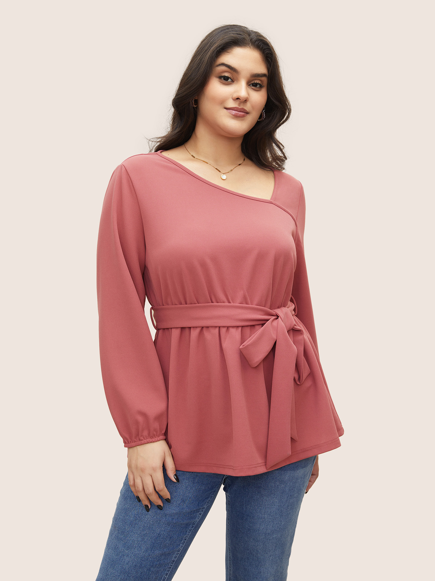 

Plus Size DustyPink Asymmetrical Neck Belted Lantern Sleeve Blouse Women Work From Home Long Sleeve Asymmetrical Neck Work Blouses BloomChic