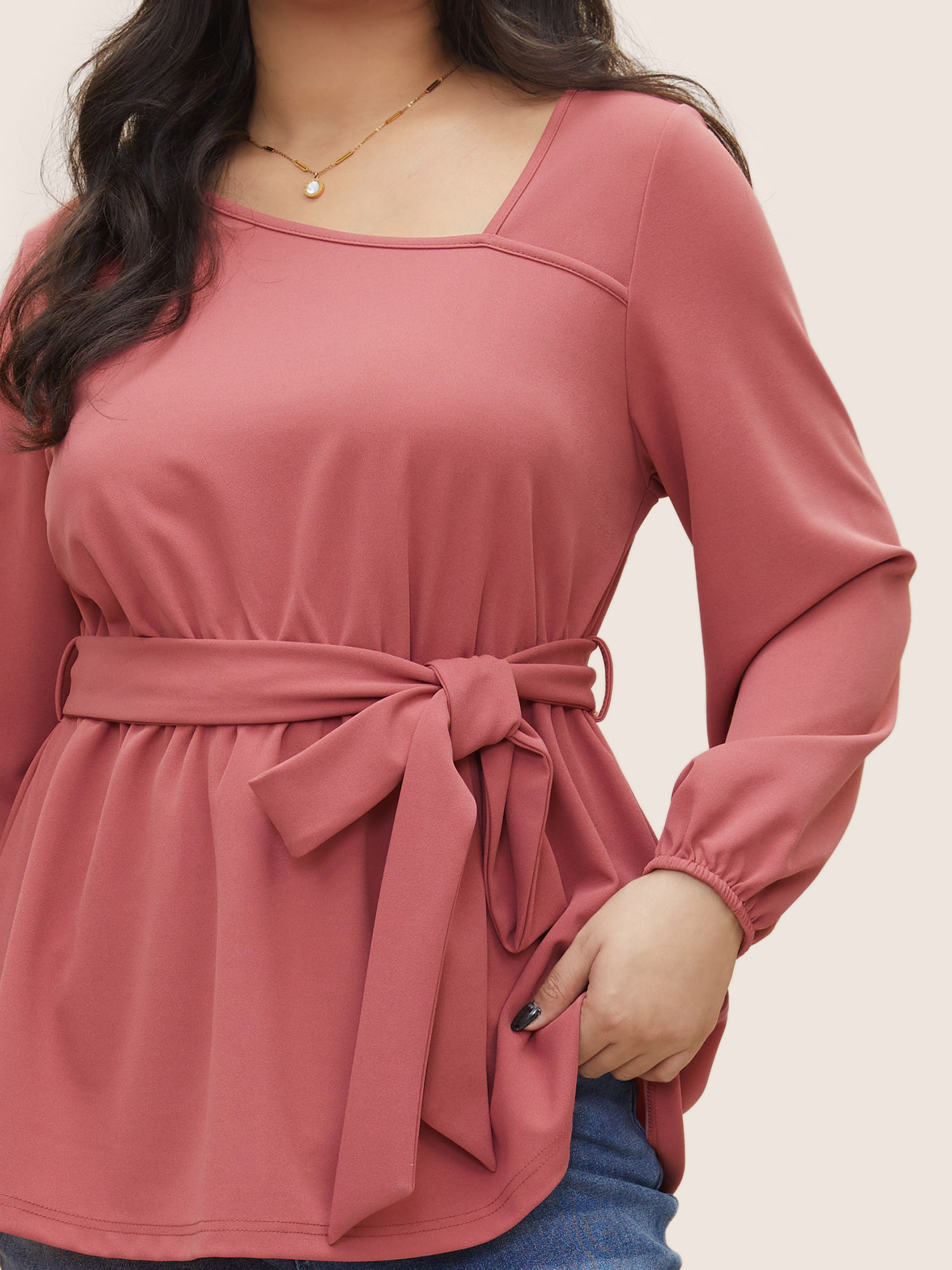 

Plus Size DustyPink Asymmetrical Neck Belted Lantern Sleeve Blouse Women Work From Home Long Sleeve Asymmetrical Neck Work Blouses BloomChic