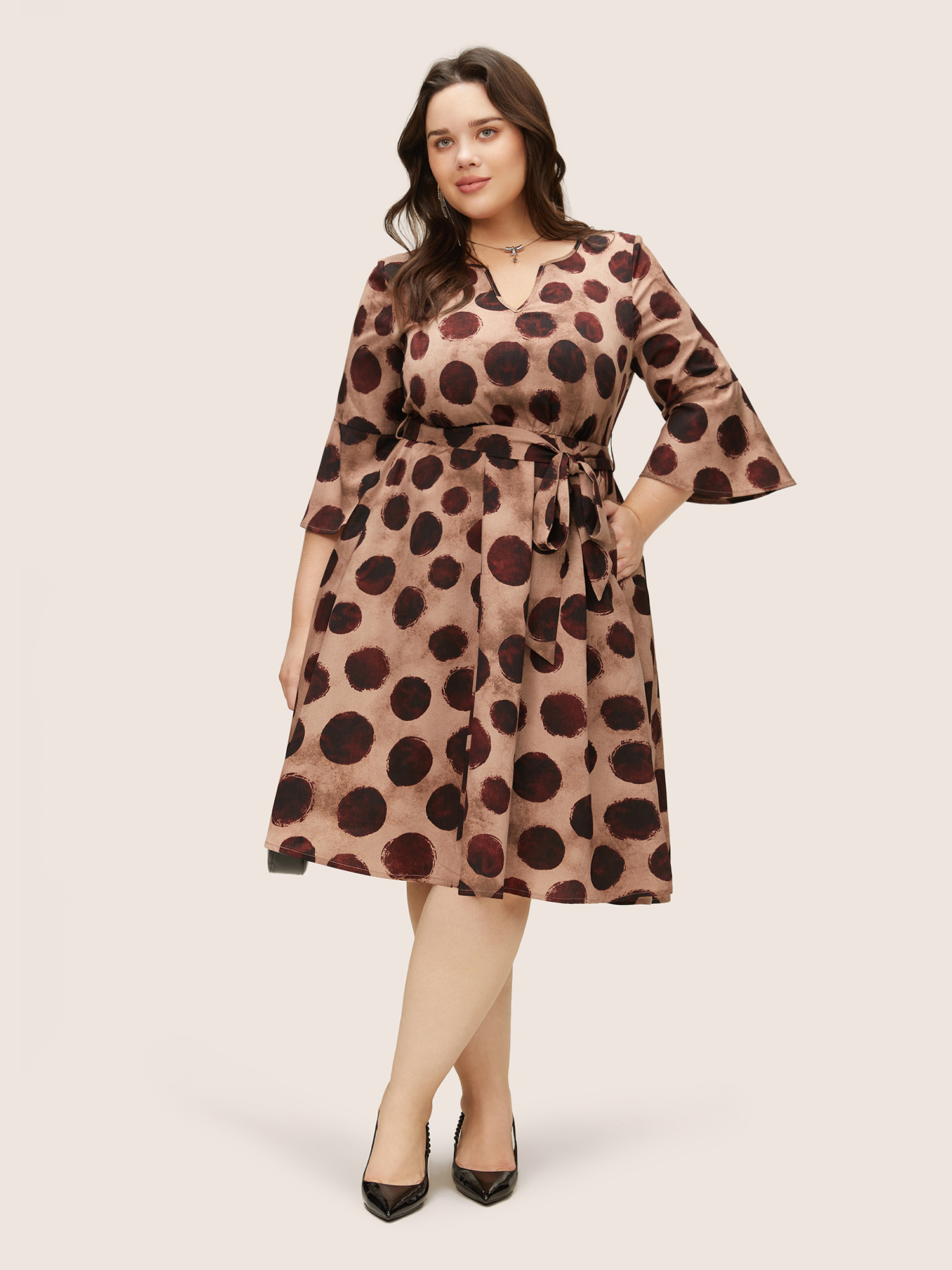 

Plus Size Geometric Notched Bell Sleeve Belted Dress Russet Women Non Curvy Midi Dress BloomChic
