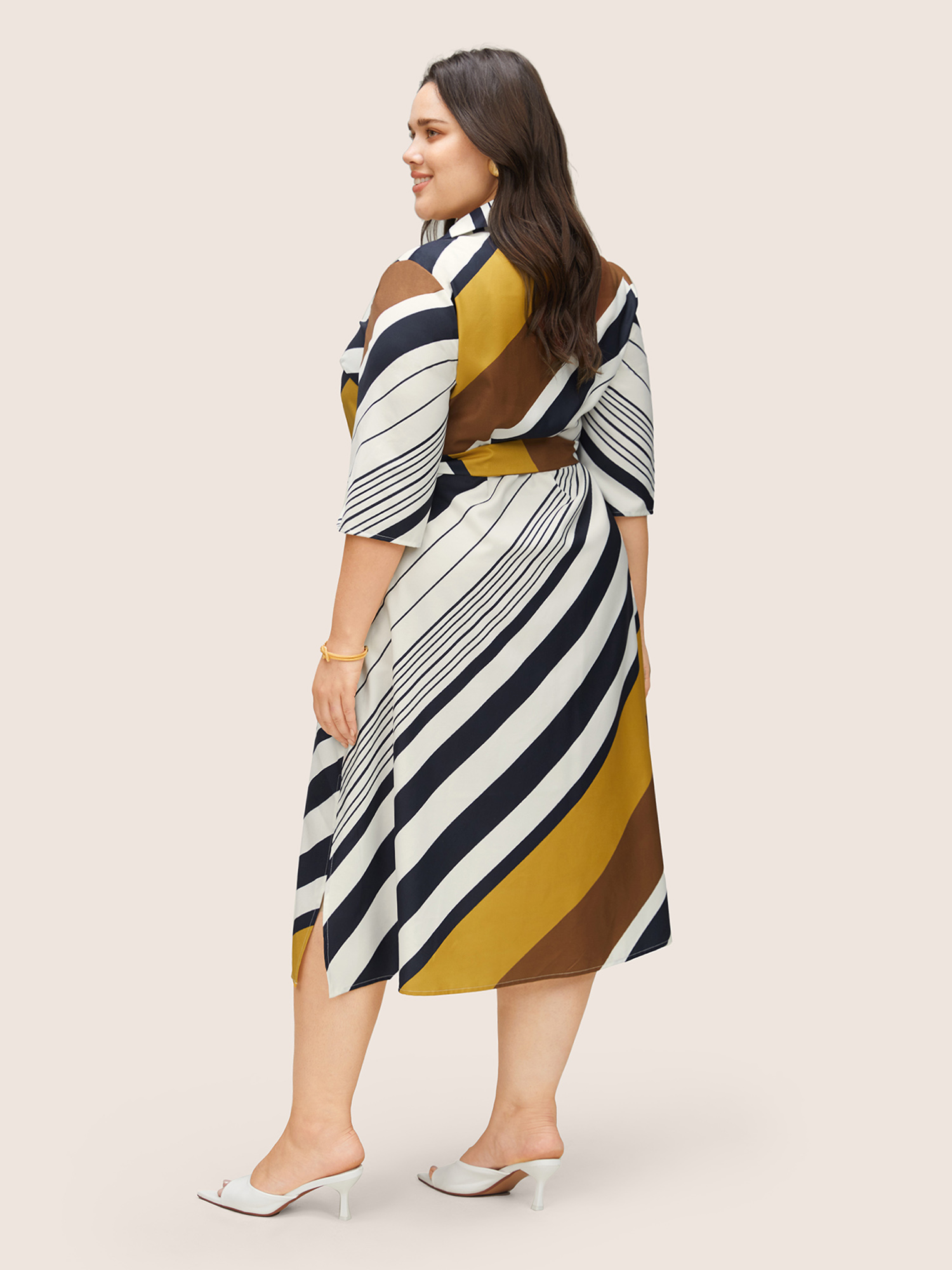 

Plus Size Striped Colorblock Contrast Belted Dress Yellow Women At the Office Non Shirt collar Long Sleeve Curvy Midi Dress BloomChic