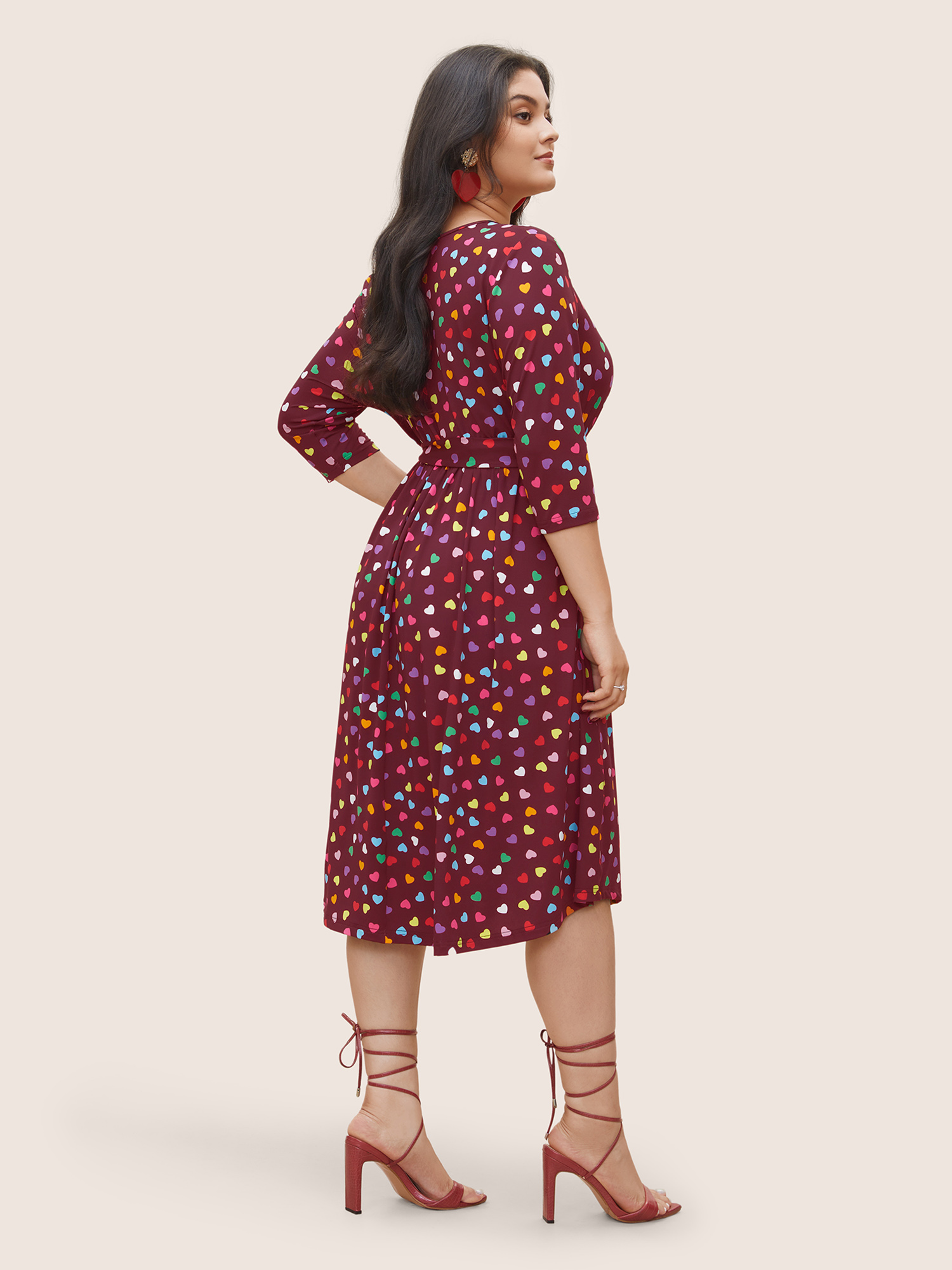 

Plus Size Colored Heart Print Belted Overlap Collar Dress Burgundy Women Belted Curvy Midi Dress BloomChic