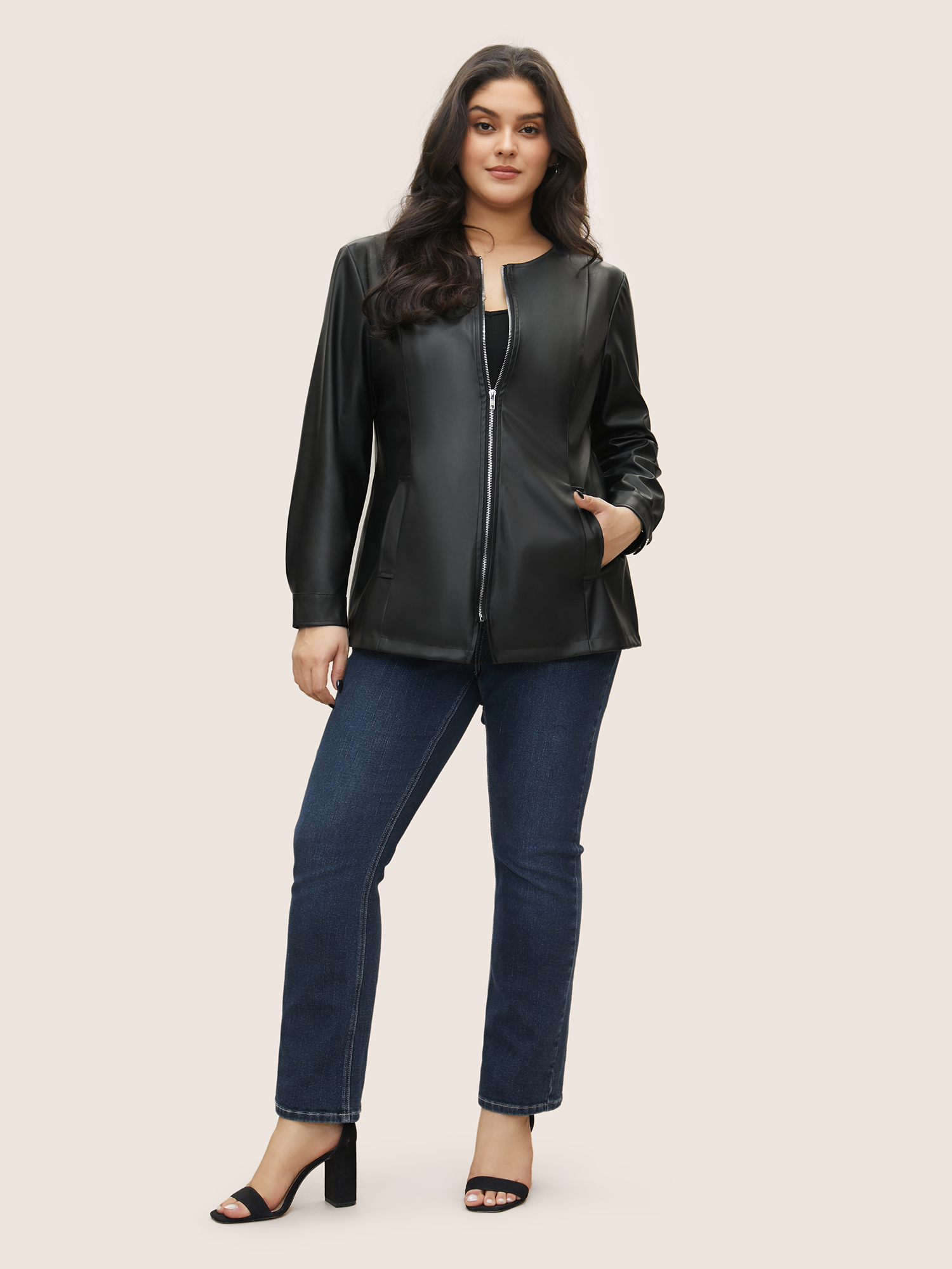 

Plus Size PU Leather Pocket Zipper Jacket Women Black Non Side seam pocket Everyday Jackets BloomChic