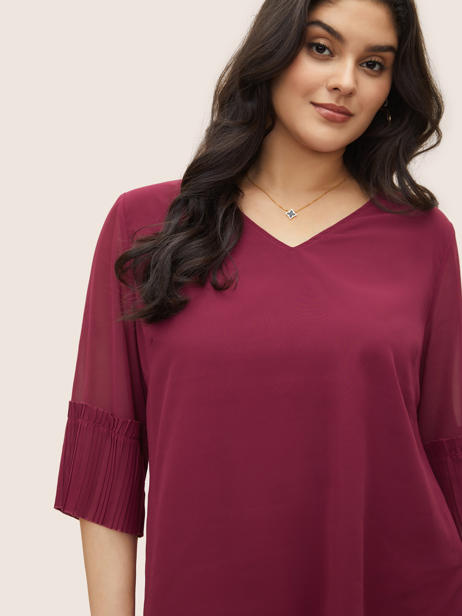 

Plus Size Purple Solid Pleated Patchwork Mesh Bell Sleeve Blouse Women Elegant Elbow-length sleeve V-neck Everyday Blouses BloomChic