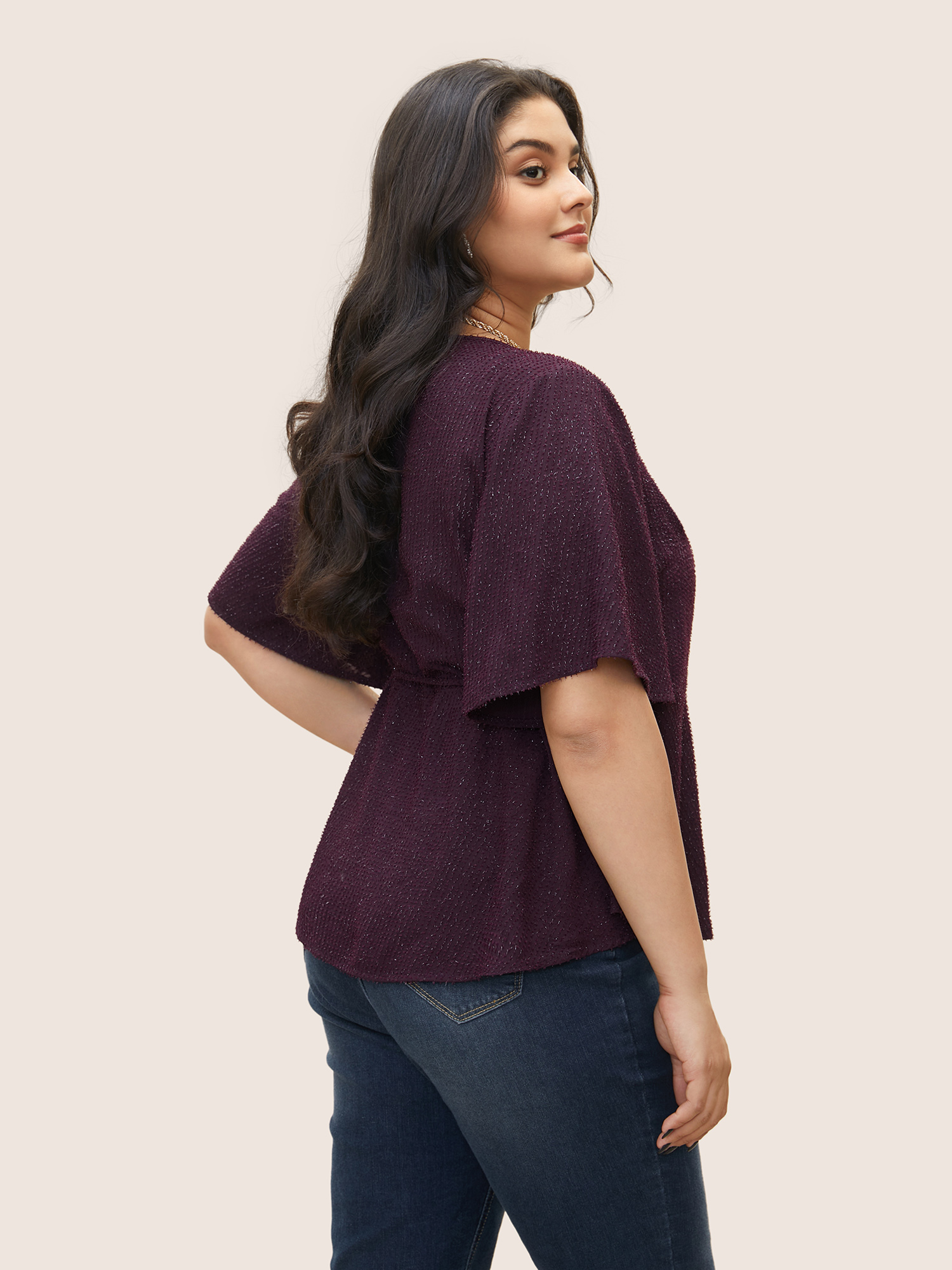 

Plus Size Purple Plain Texture Wrap Ties Asymmetrical Hem Blouse Women Cocktail Short sleeve Overlap Collar Party Blouses BloomChic