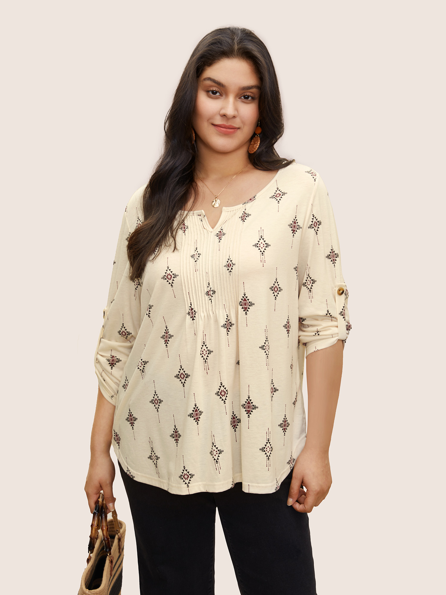 

Bandana Print Notched Pleated Tab Sleeve T-shirt, Apricot