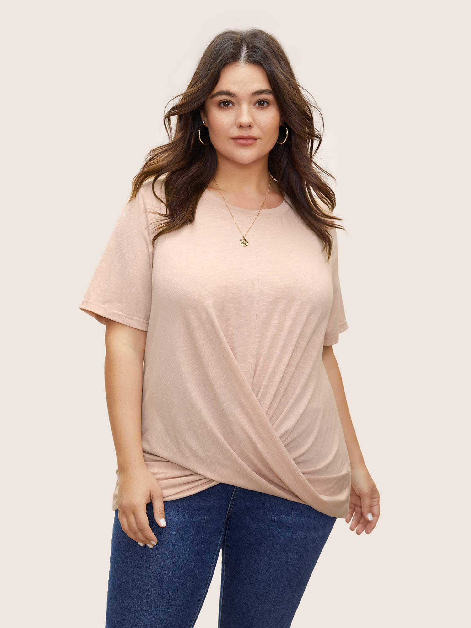 

Plain Crew Neck Twist Front Gathered T-shirt, Crepe