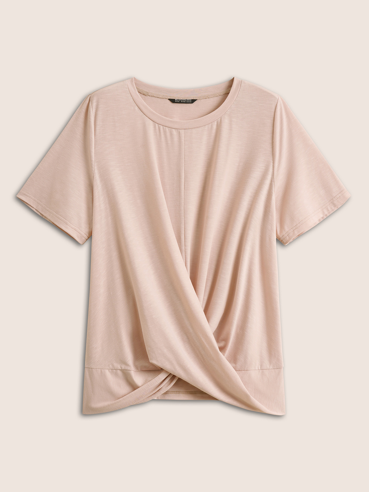 Plus Size Plain Crew Neck Twist Front Gathered T-shirt Crepe Women Elegant Non Plain Round Neck Everyday T-shirts BloomChic 14-16/1X 