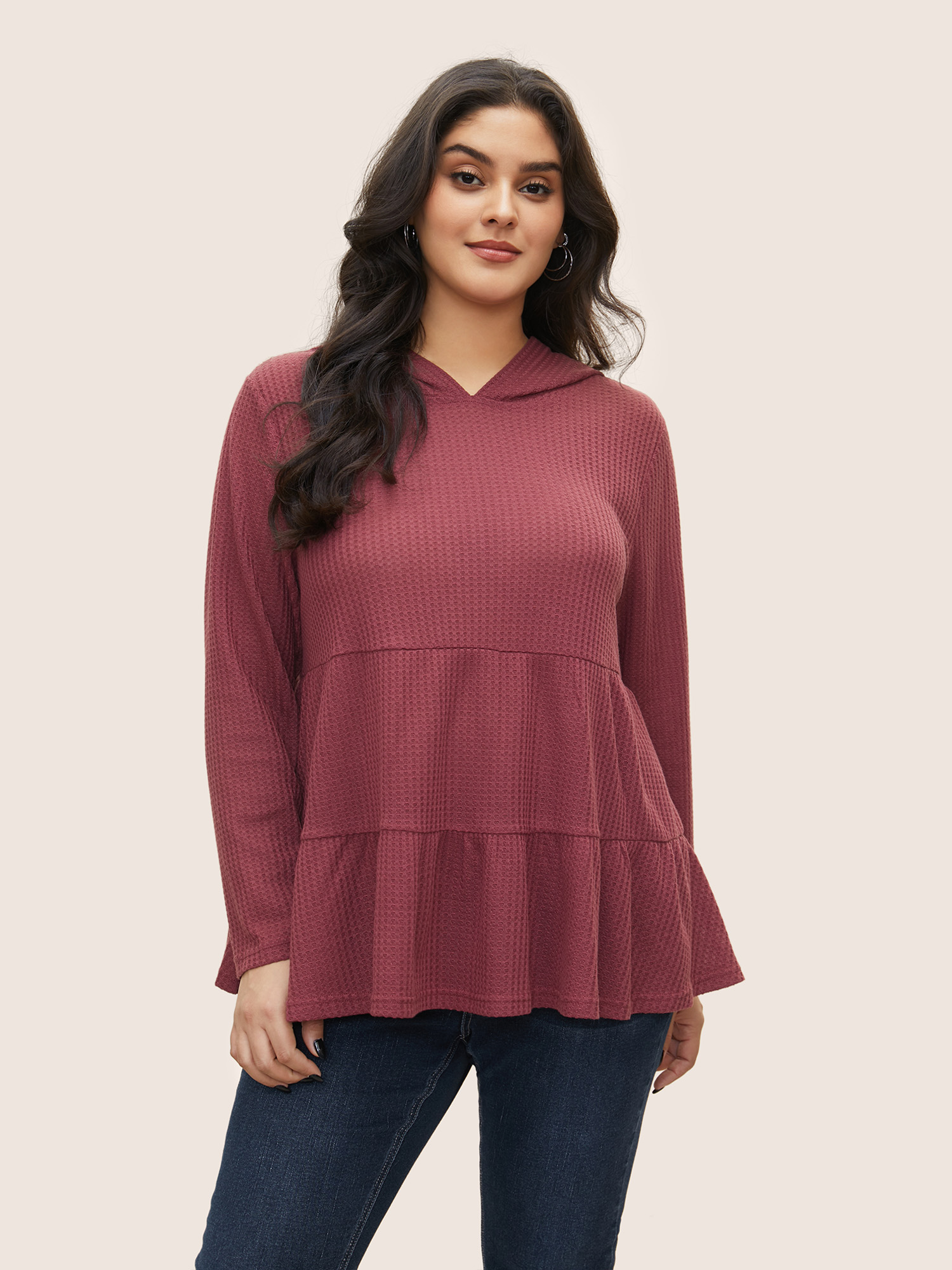 

Plus Size Plain Waffle Knit Ruffle Hem T-shirt DustyPink Hooded Long Sleeve Casual Jersey Tops