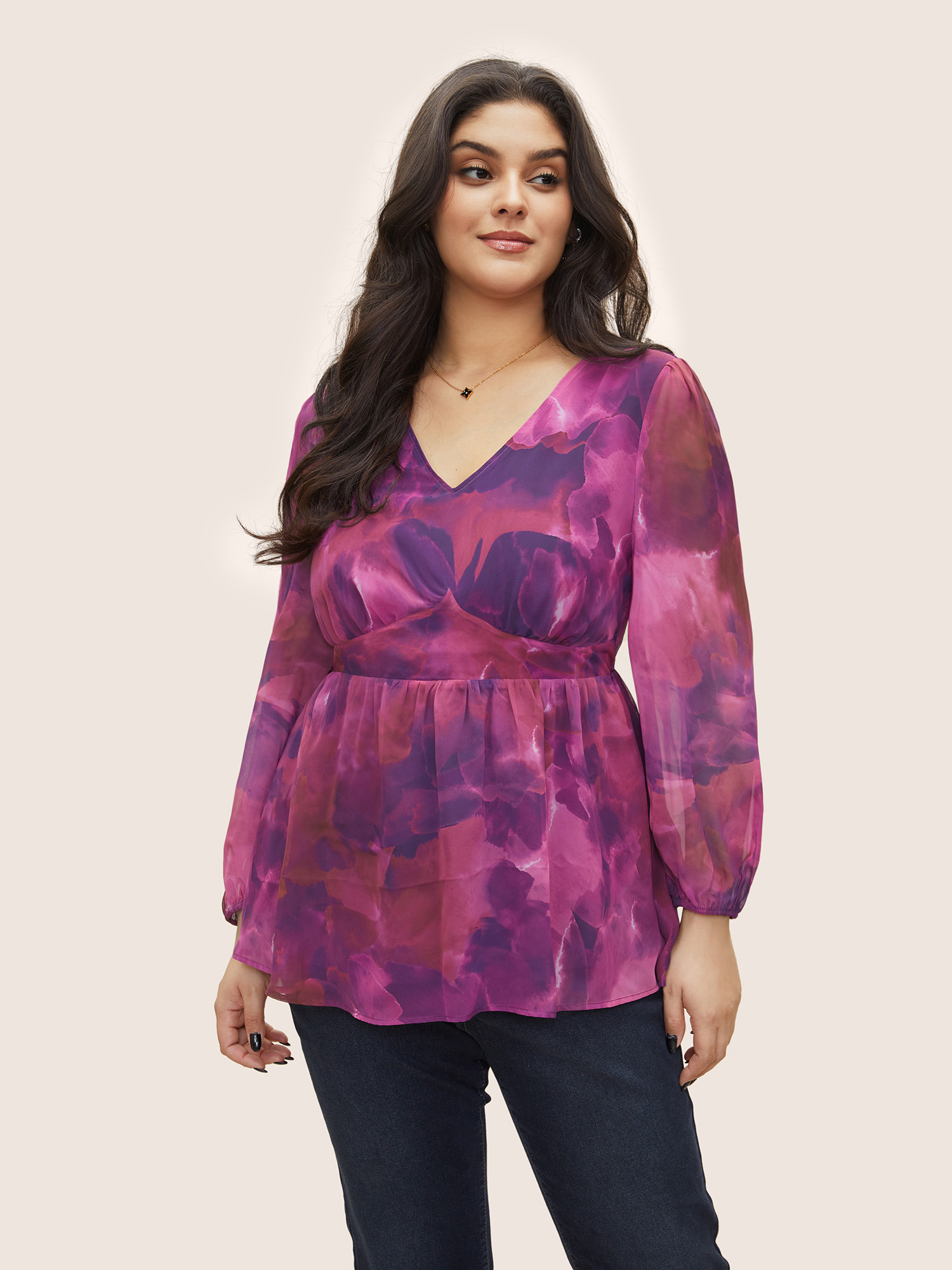 

Plus Size Purple Tie Dye Gathered Lantern Sleeve Blouse Women Cocktail Long Sleeve V-neck Party Blouses BloomChic