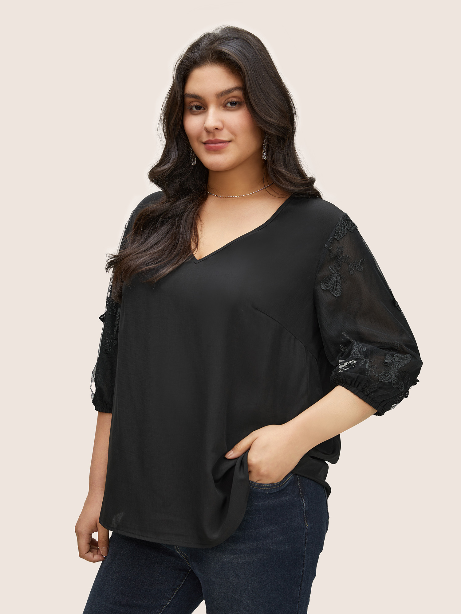 

Plus Size Black Plain Embroidered Bowknot Mesh Blouse Women Cocktail Elbow-length sleeve V-neck Party Blouses BloomChic