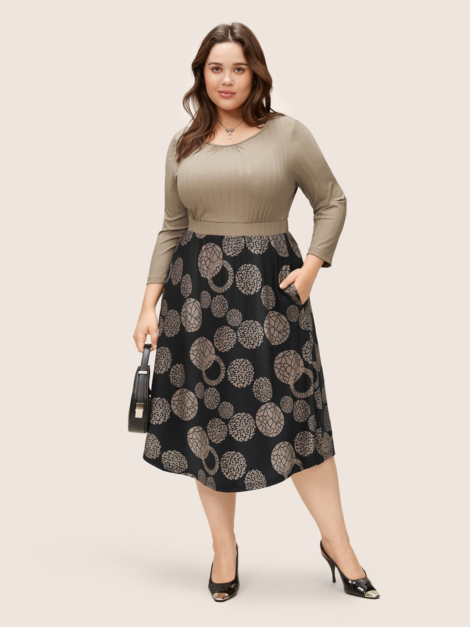 Plus Size Women Work Graphic Printed Regular Sleeve Elbow-length sleeve Round Neck Pocket At the Office Dresses BloomChic 