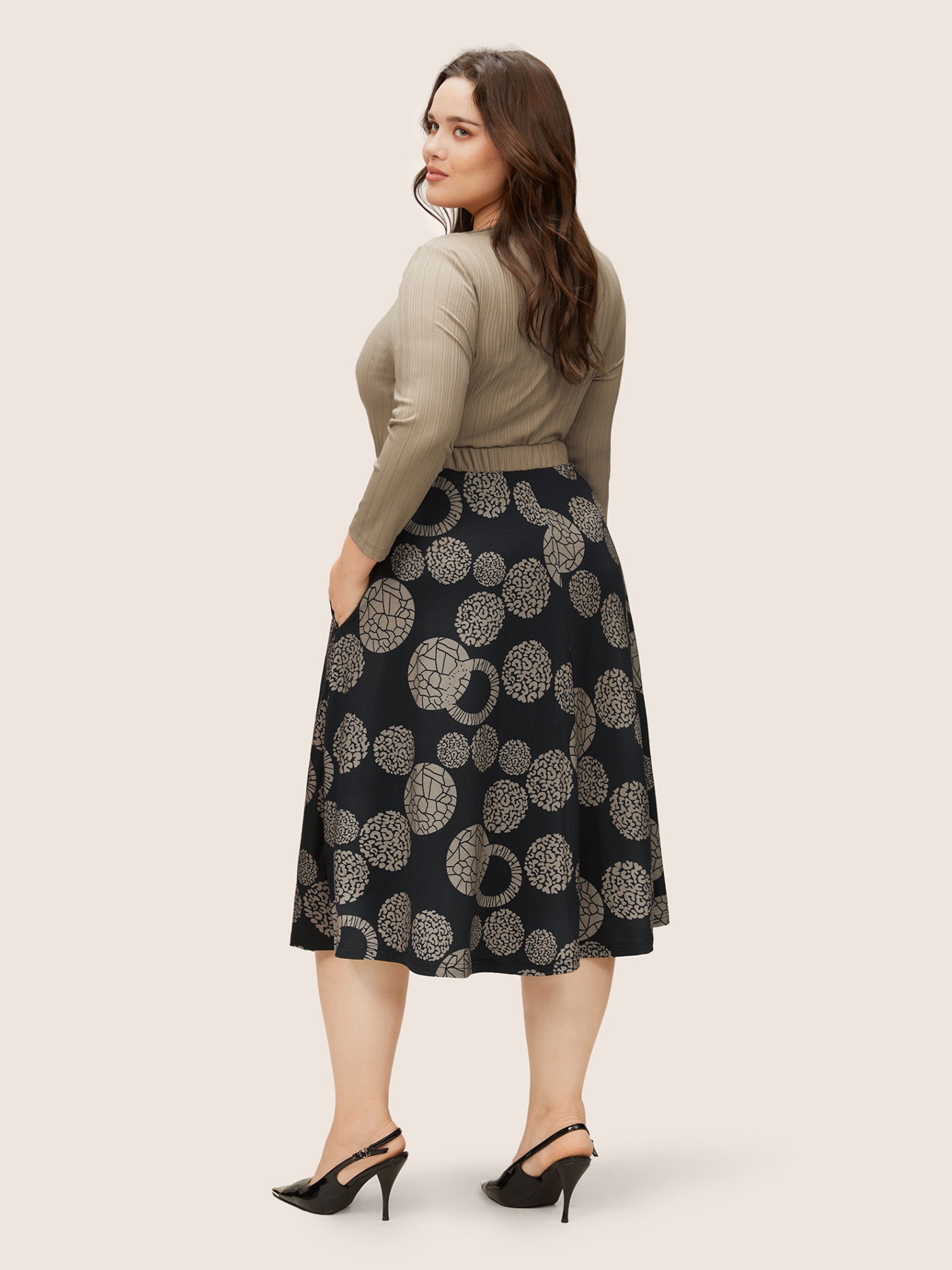 Plus Size Women Work Graphic Printed Regular Sleeve Elbow-length sleeve Round Neck Pocket At the Office Dresses BloomChic 