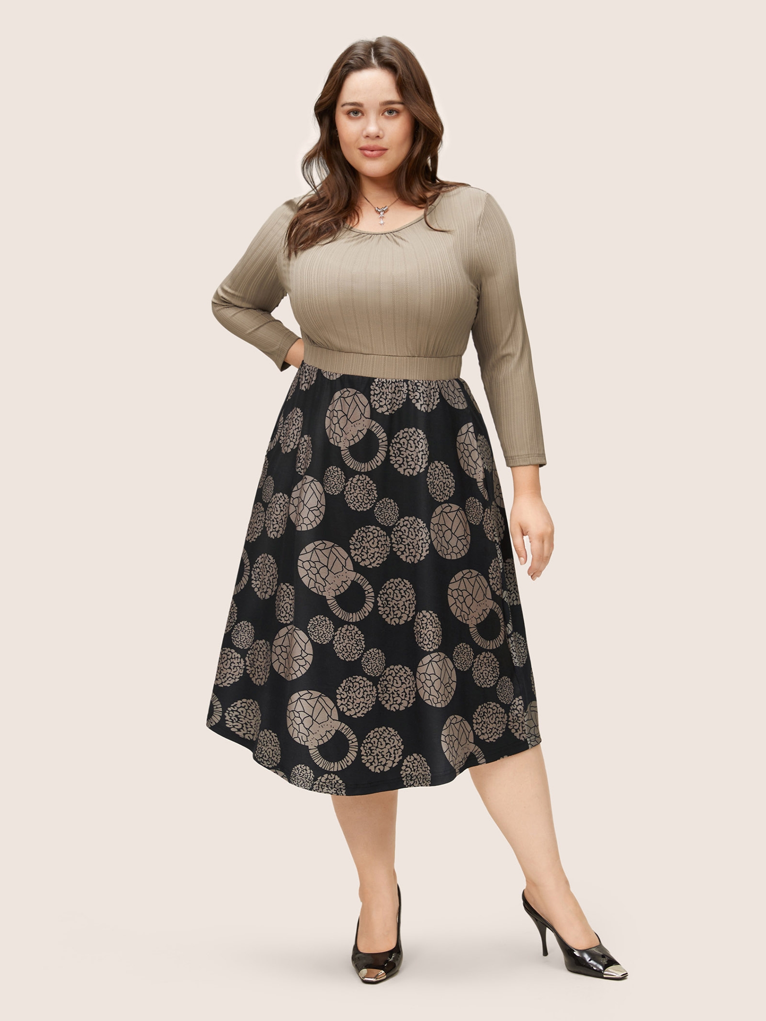 Plus Size Women Work Graphic Printed Regular Sleeve Elbow-length sleeve Round Neck Pocket At the Office Dresses BloomChic 