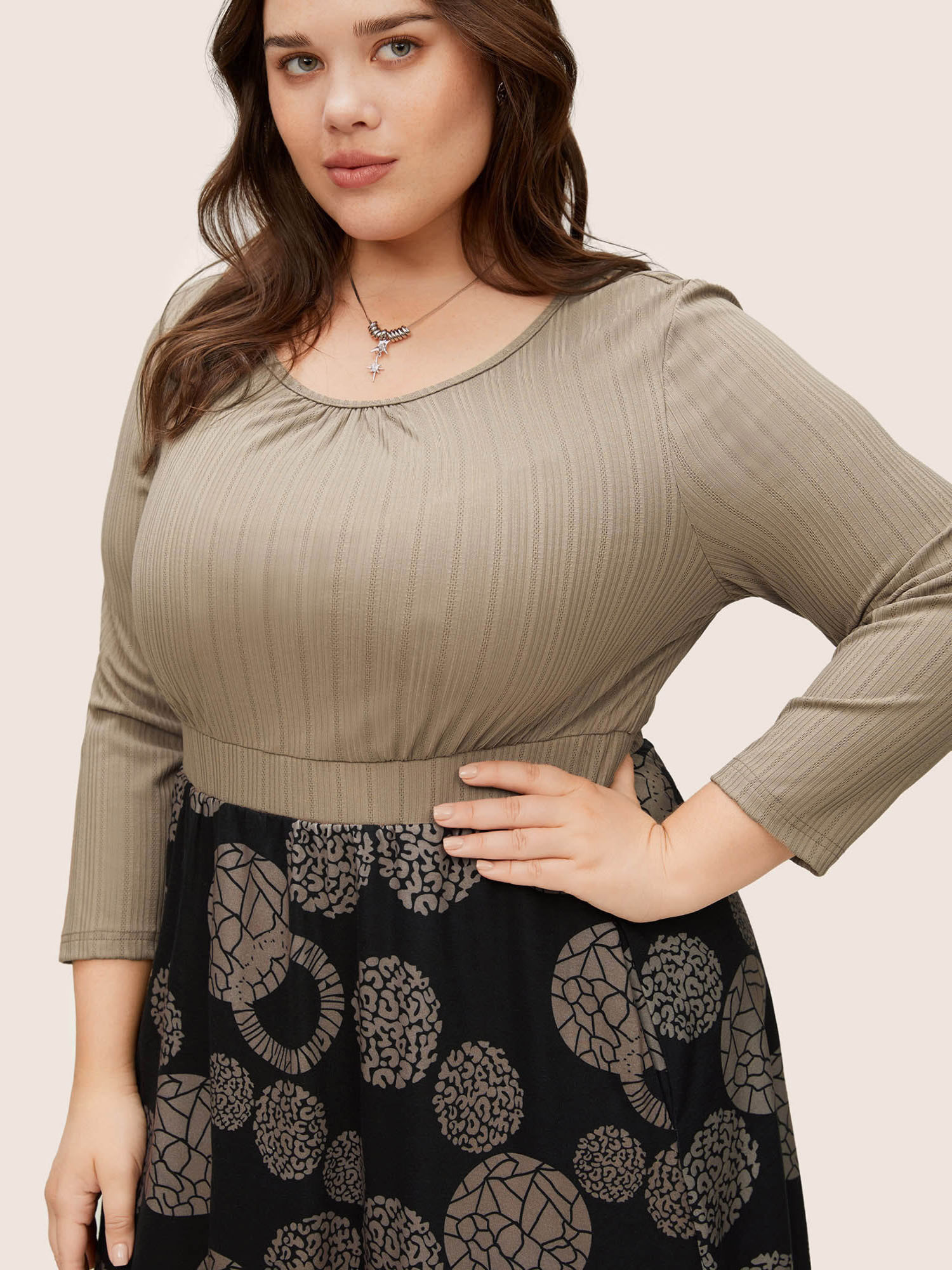 Plus Size Women Work Graphic Printed Regular Sleeve Elbow-length sleeve Round Neck Pocket At the Office Dresses BloomChic 