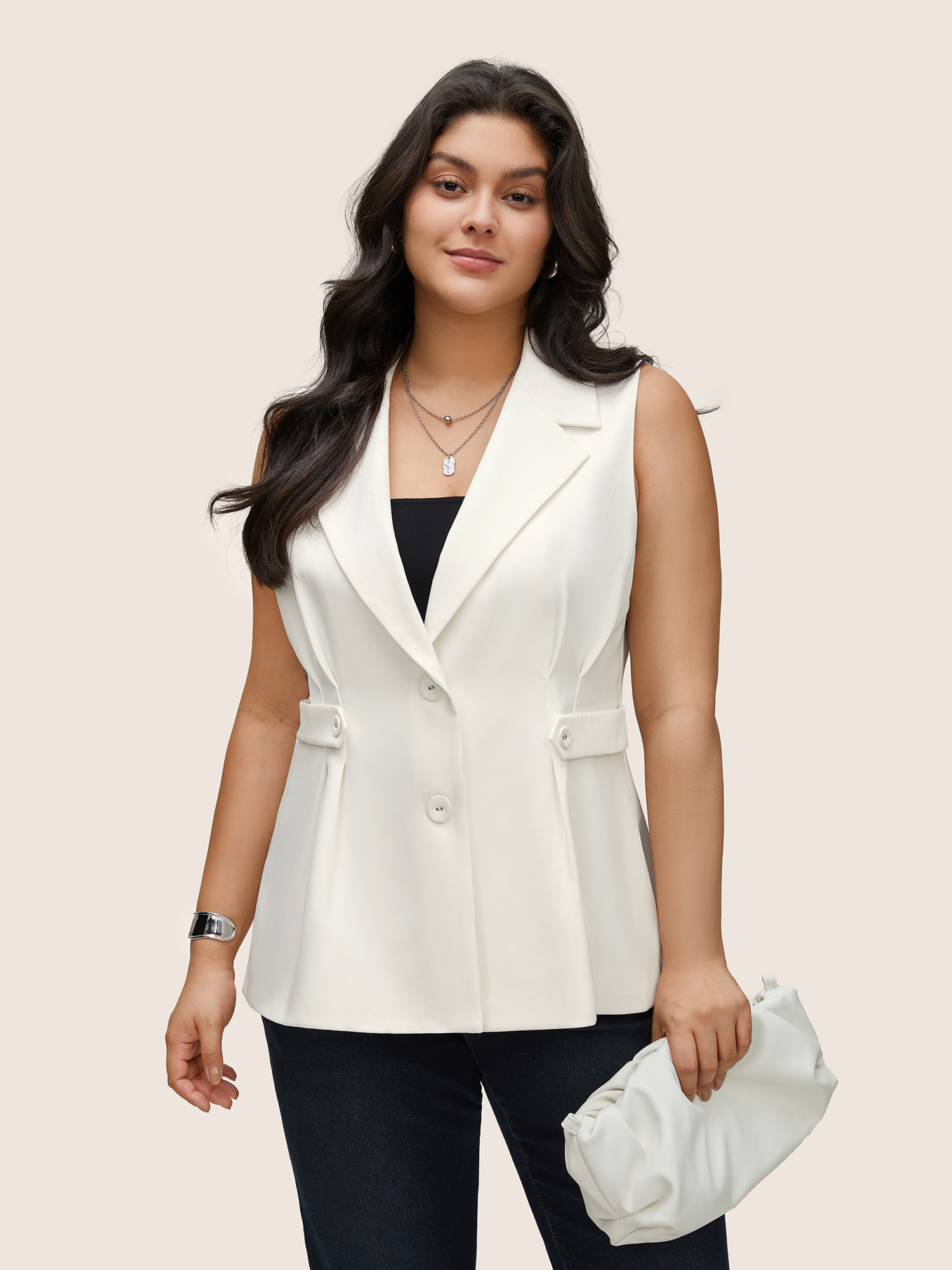 

Plus Size Solid Waist Tab Pleated Split Hem Vest White At the Office Non Work Vests  Bloomchic