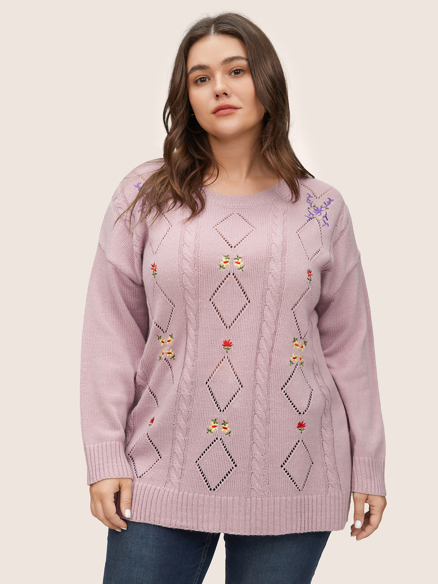 BloomChic Women's Plus Size Floral Embroidered Geometric Hollow Out Cable Knit Pullover Lilac Plain Long Sleeve 14-16/1X