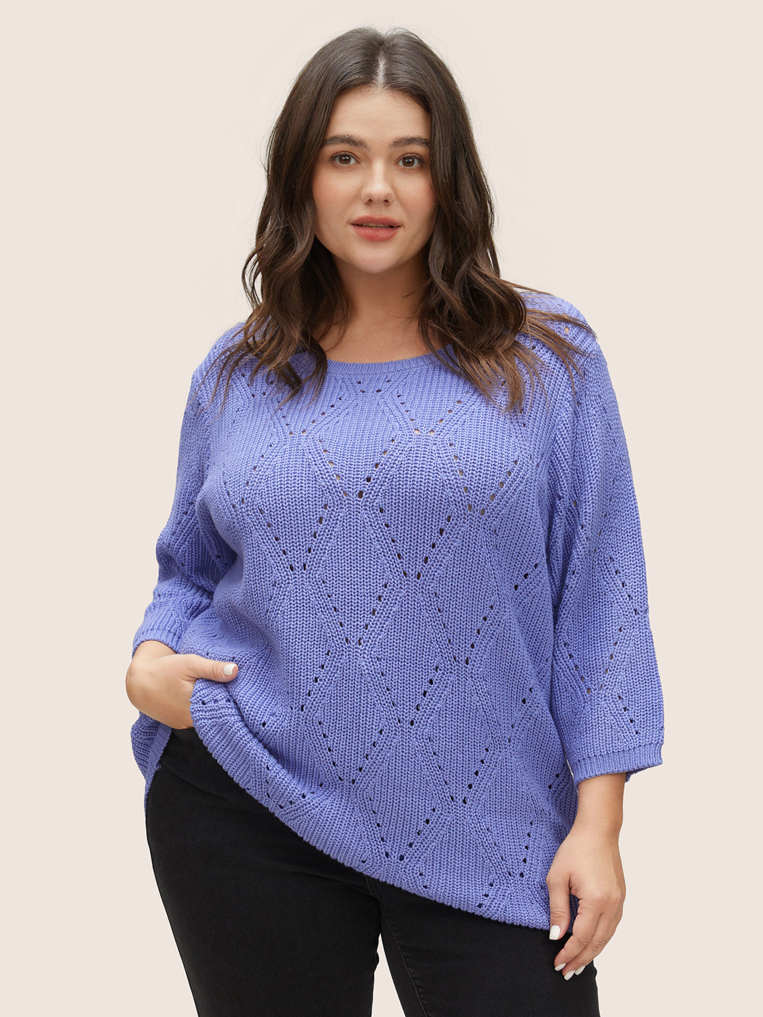 

Plus Size Cotton Blended Geometric Hollow Out Pullover BlueViolet Women Casual Elbow-length sleeve Round Neck Everyday Pullovers BloomChic