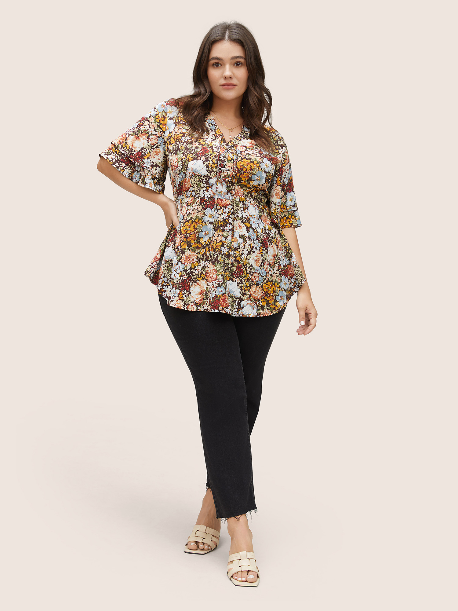 

Plus Size Multicolor Floral Tiered Ruffle Sleeve Ties Blouse Women Elegant Short sleeve V-neck Everyday Blouses BloomChic