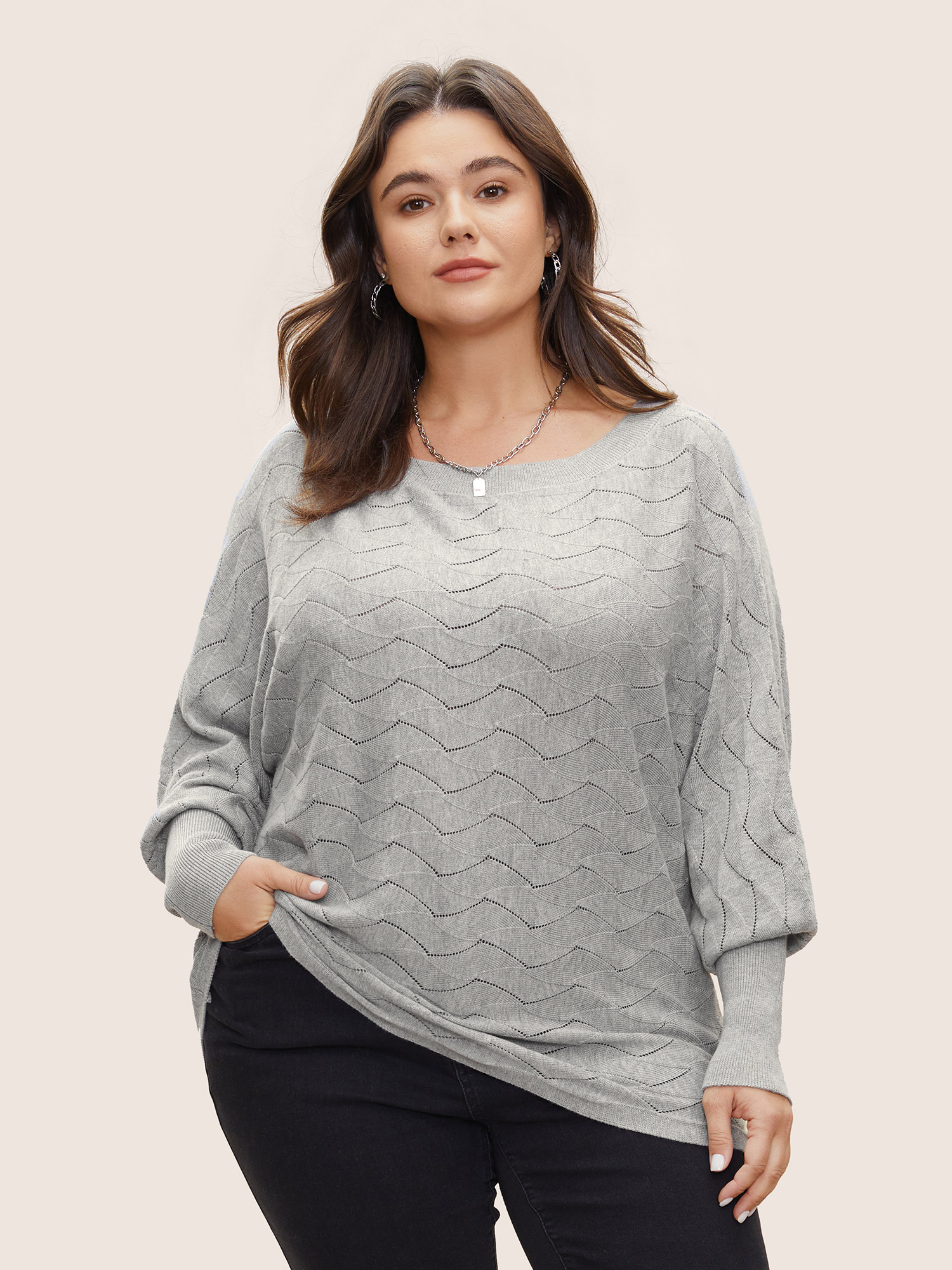 

Plus Size Supersoft Essentials Hollow Out Batwing Sleeve Boat Neck Pullover DarkGray Long Sleeve Boat Neck Basics Knit Tops  Bloomchic