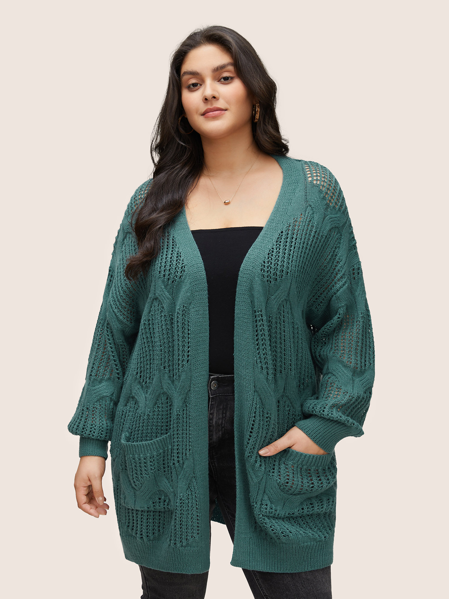 

Plus Size Texture Cable Knit Open Front Pocket Cardigan Emerald Women Casual Long Sleeve Everyday Cardigans BloomChic