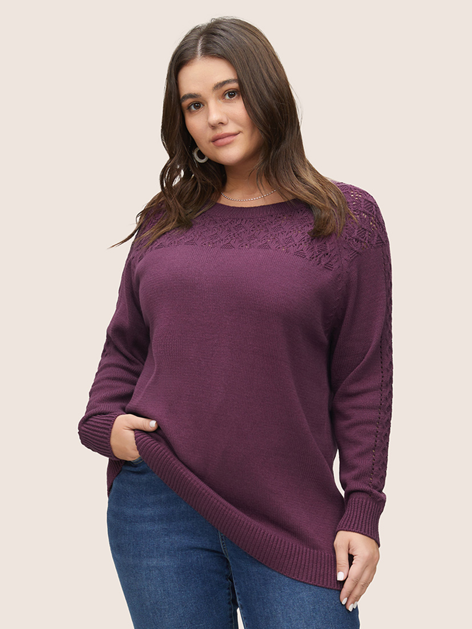 

Plus Size Cotton Blended Hollow Out Raglan Sleeve Pullover Purple Women Casual Long Sleeve Round Neck Everyday Pullovers BloomChic