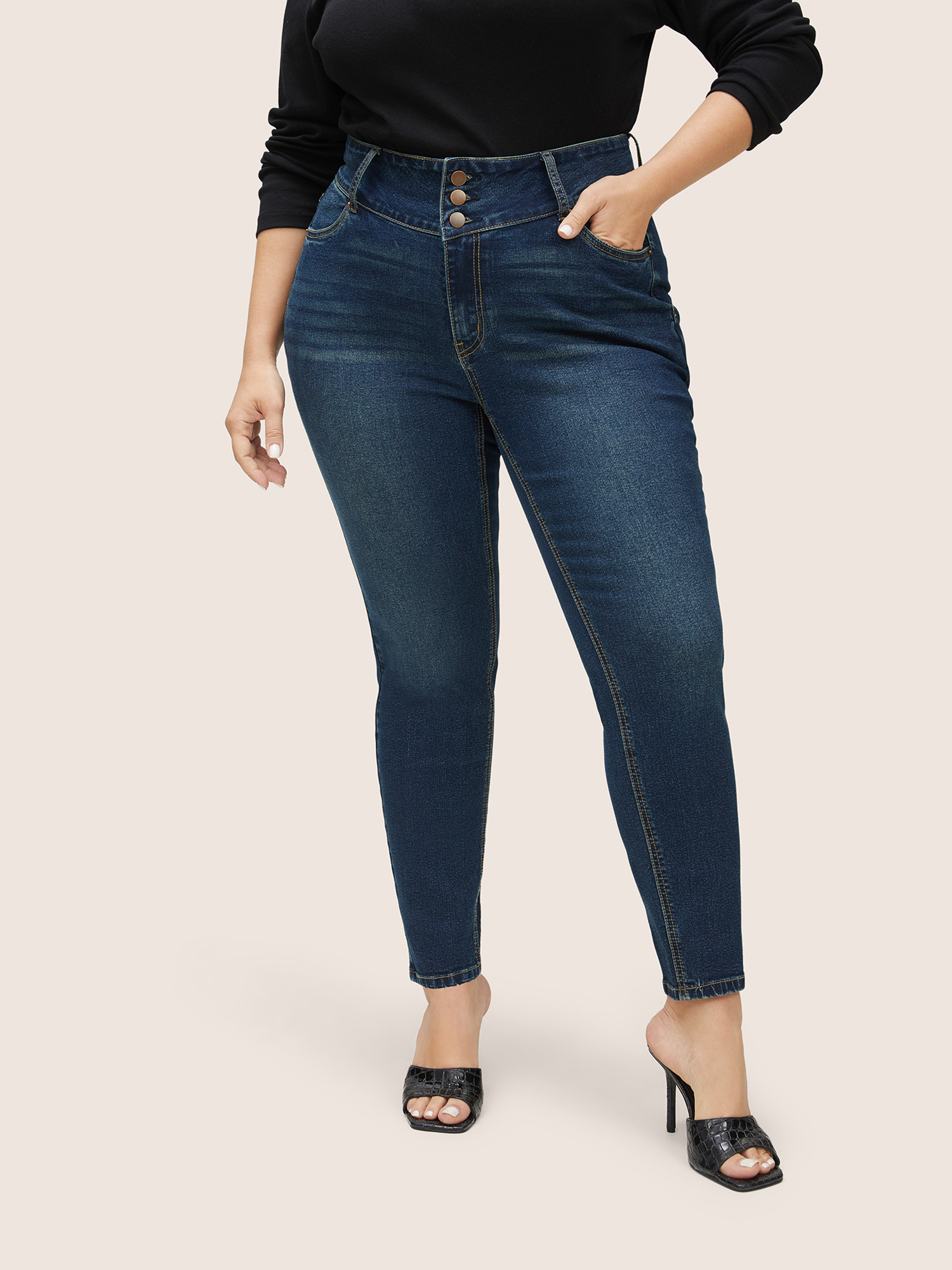 

Plus Size Slim Button Through High Rise Jeans Women Aegean Casual Plain Non High stretch Slanted pocket Jeans BloomChic