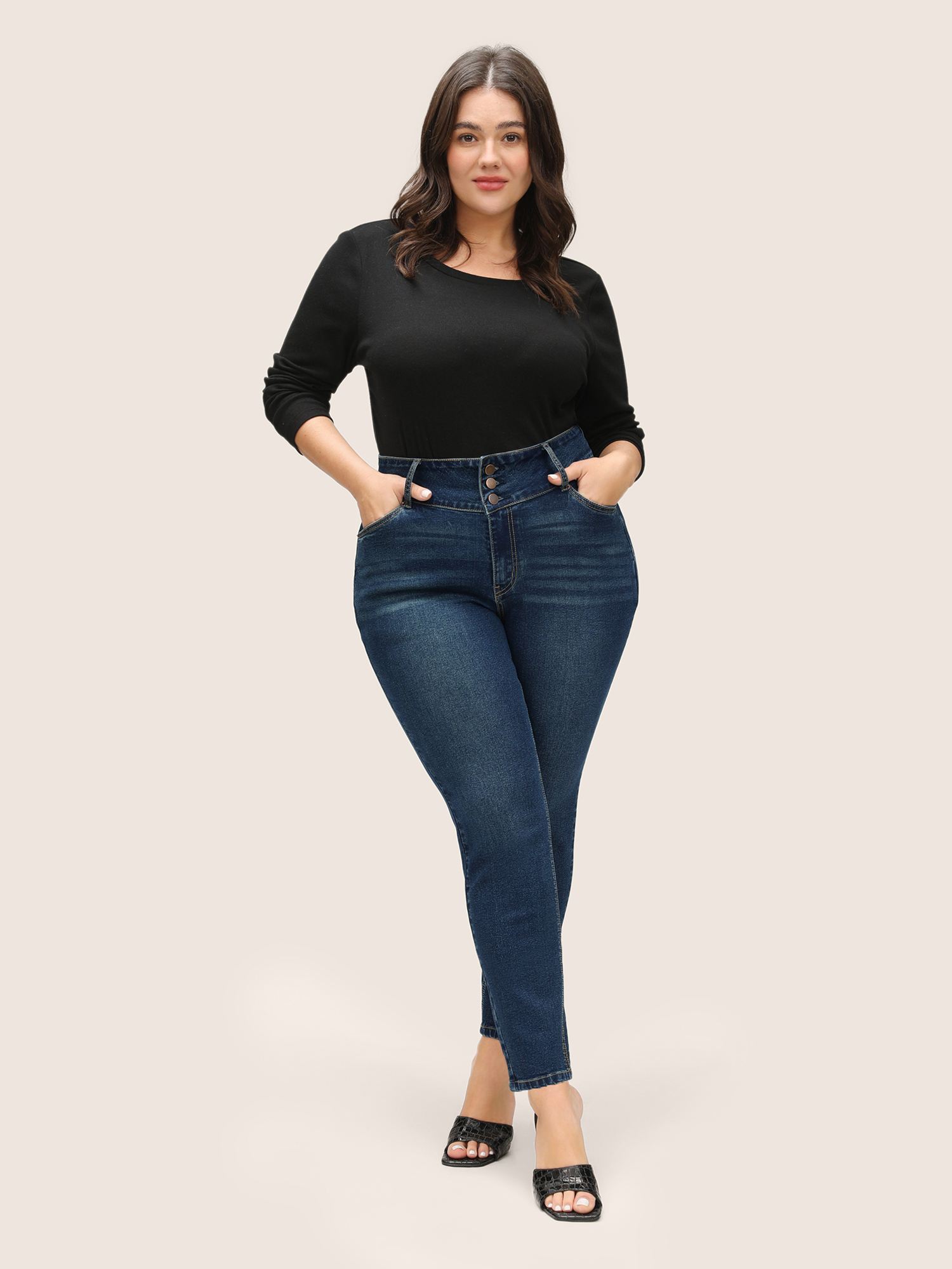 

Plus Size Slim Button Through High Rise Jeans Women Aegean Casual Plain Non High stretch Slanted pocket Jeans BloomChic