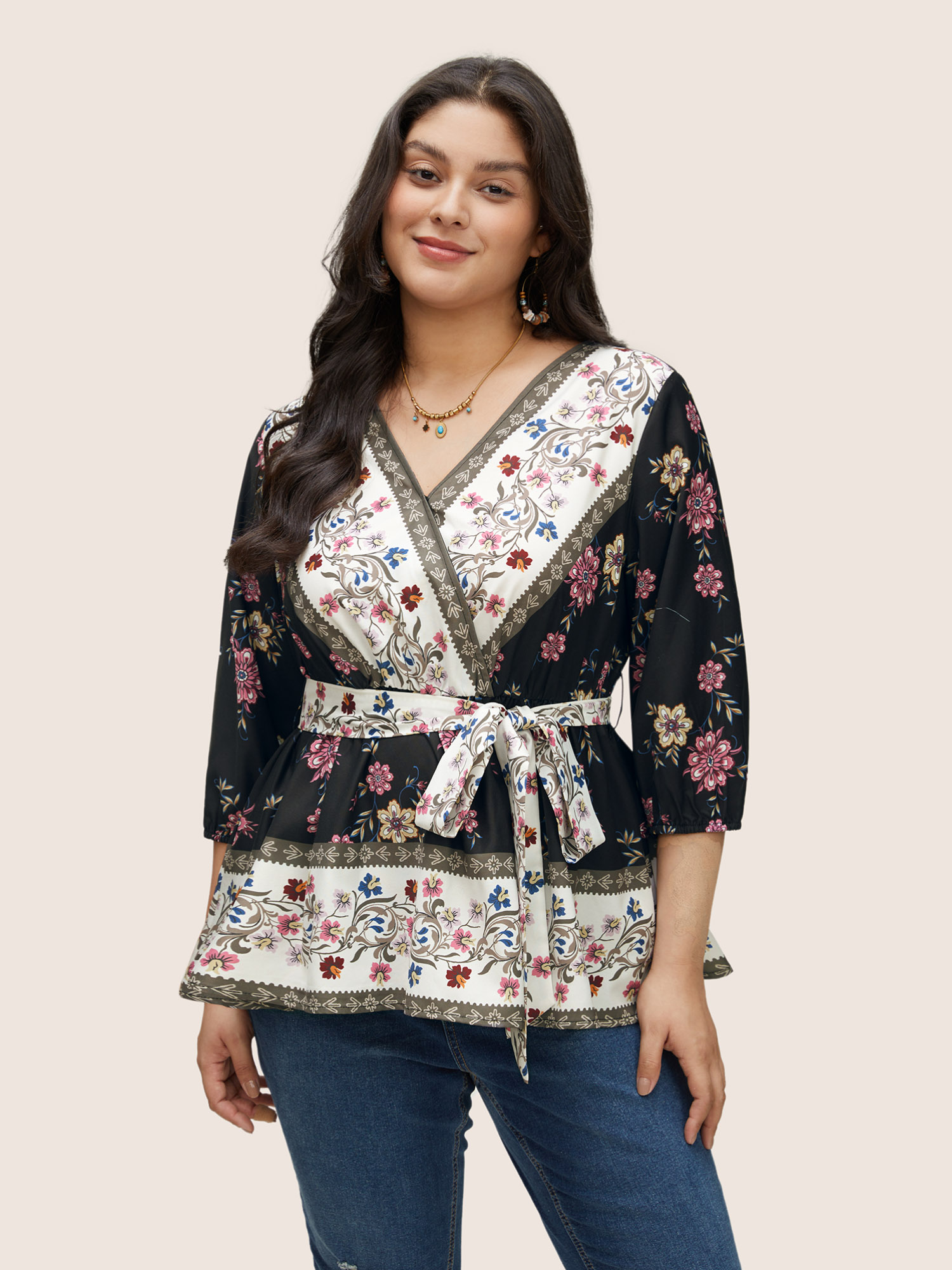 

Plus Size Black Boho Print Overlap Collar Belted Blouse Women Resort Elbow-length sleeve Overlap Collar Vacation Blouses BloomChic