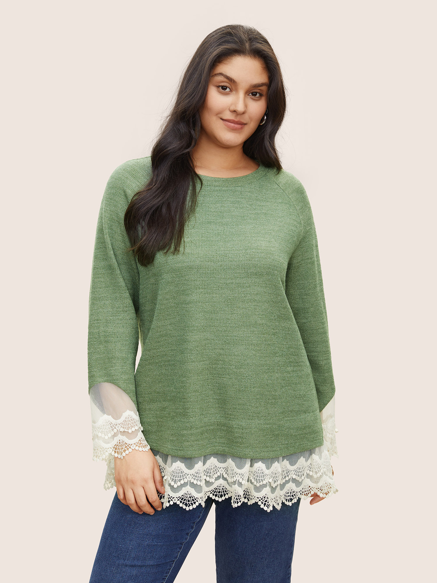 Plus Size Guipure Lace Raglan Sleeve Plisse Sweatshirt Women Green Elegant Embroidered Round Neck Everyday Sweatshirts BloomChic 22-24/3X