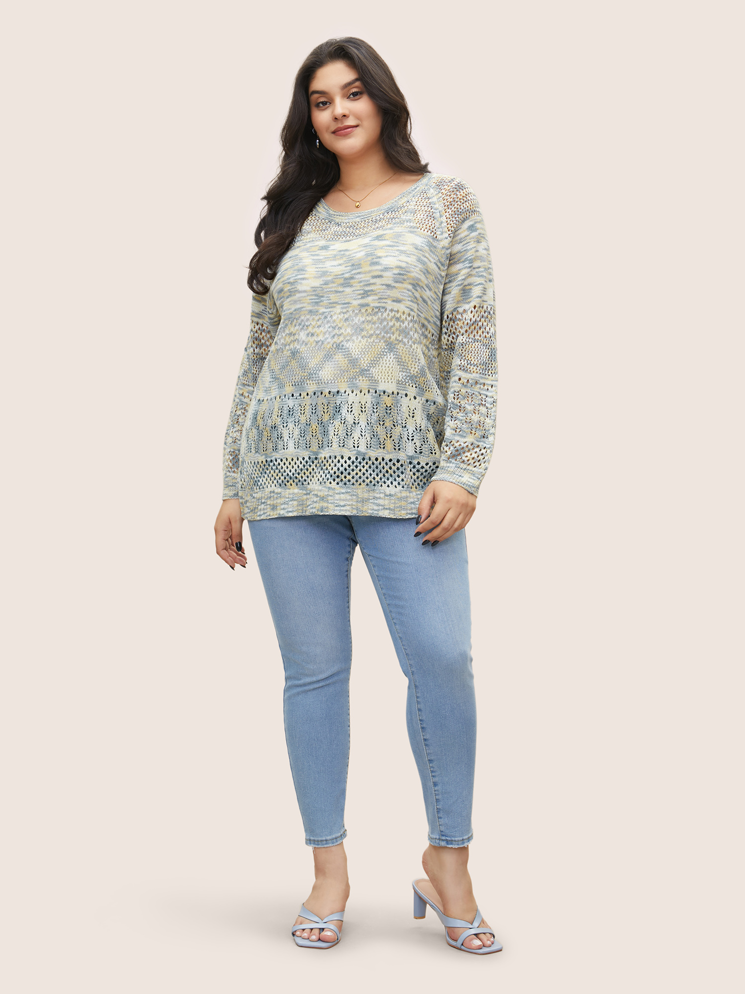 Plus Size Ombre Heather Hollow Out Texture Pullover Stone Long Sleeve Round Neck Casual Knit Tops 22-24/3X Bloomchic 