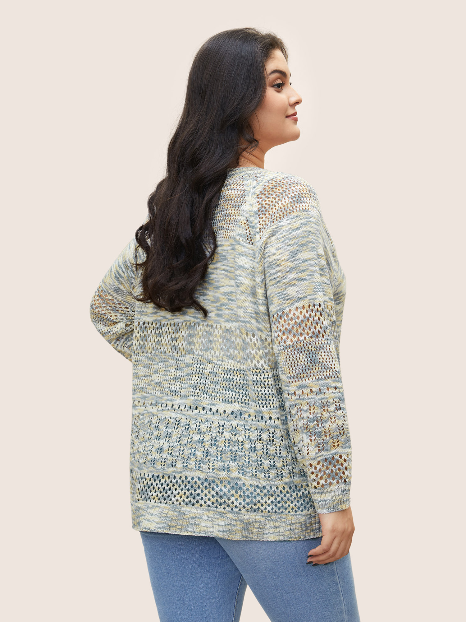 Plus Size Ombre Heather Hollow Out Texture Pullover Stone Long Sleeve Round Neck Casual Knit Tops 22-24/3X Bloomchic 