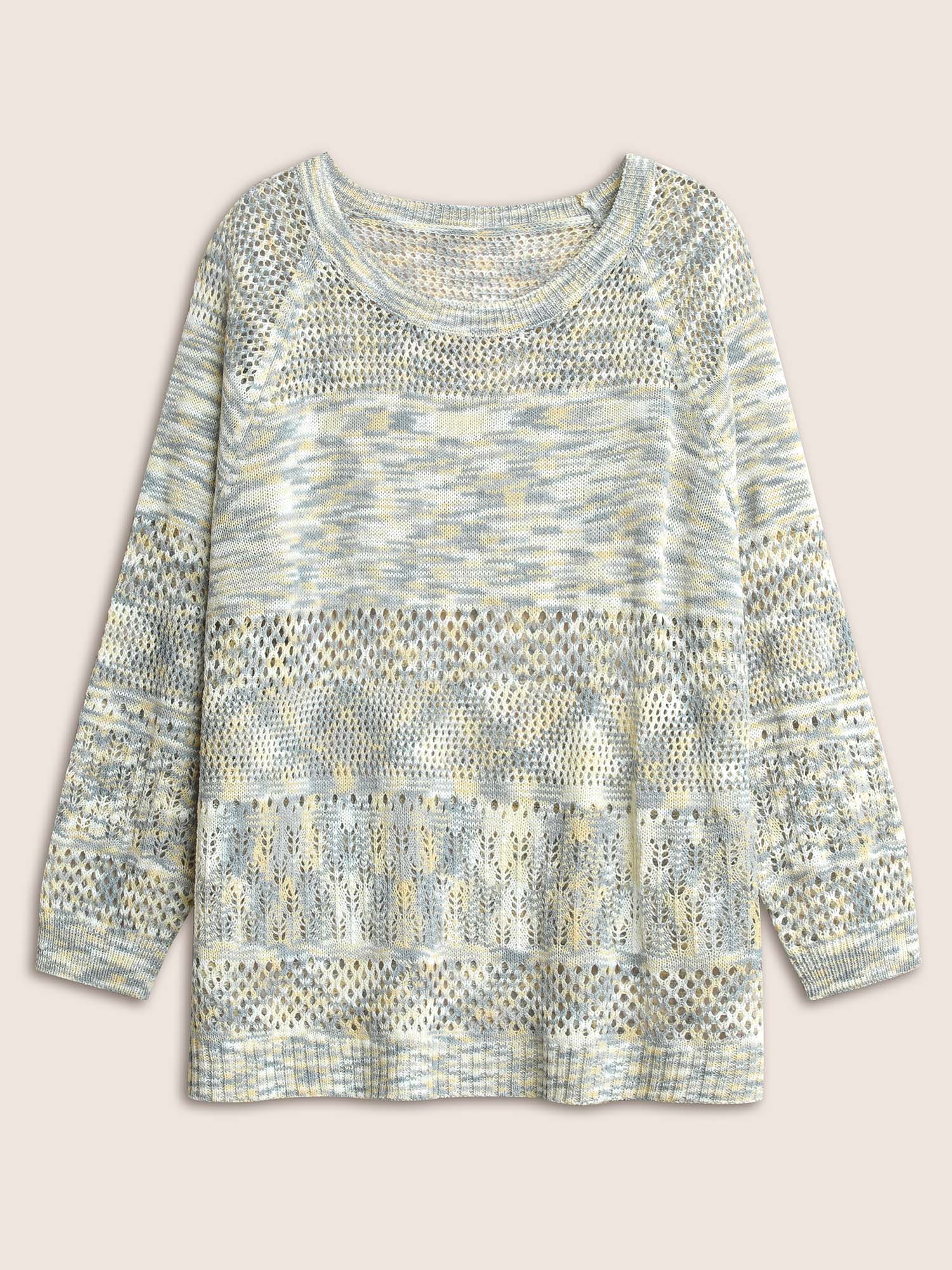 Plus Size Ombre Heather Hollow Out Texture Pullover Stone Long Sleeve Round Neck Casual Knit Tops 22-24/3X Bloomchic 