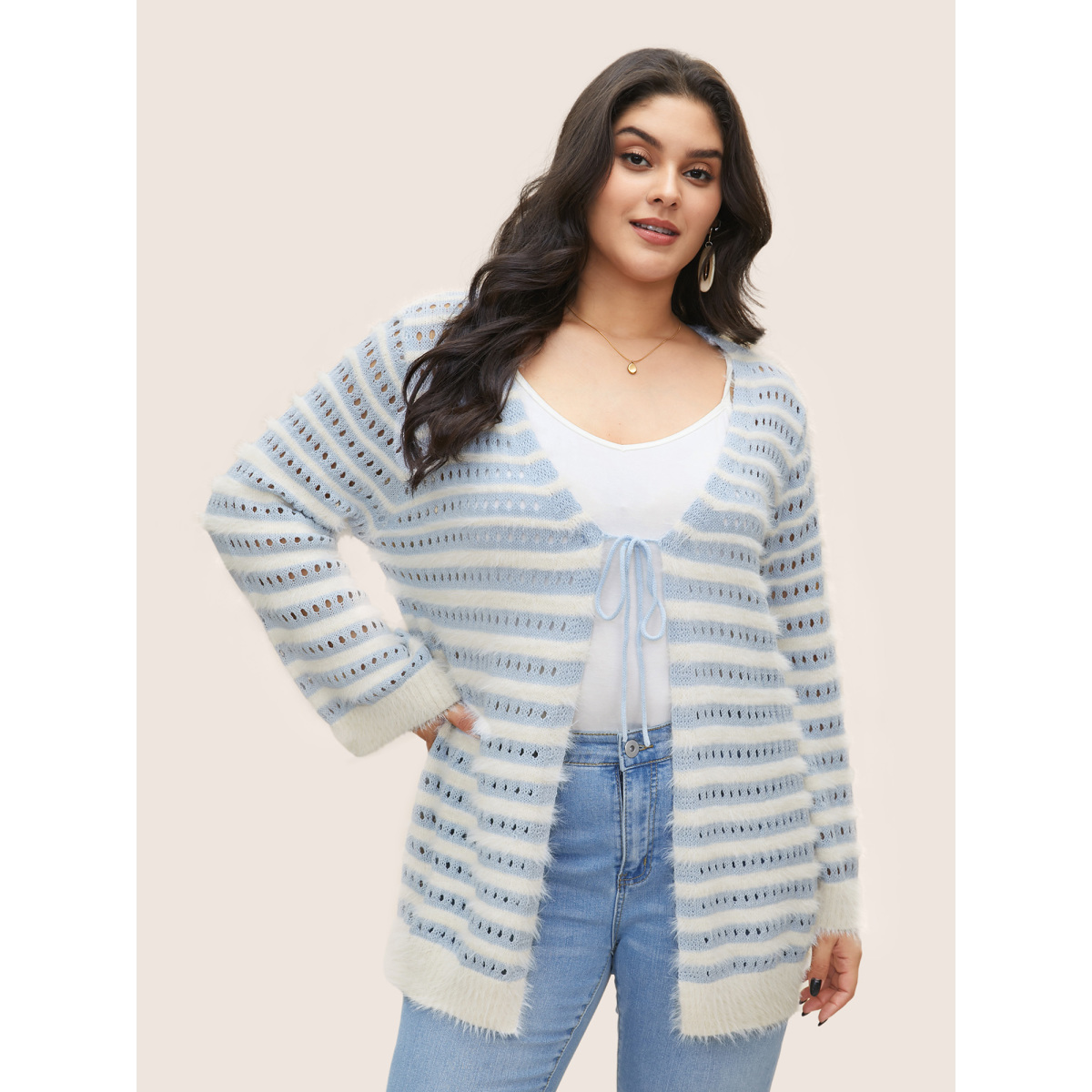 

Plus Size Striped Contrast Ties Front Eyelet Cardigan LightBlue Women Casual Everyday Cardigans BloomChic