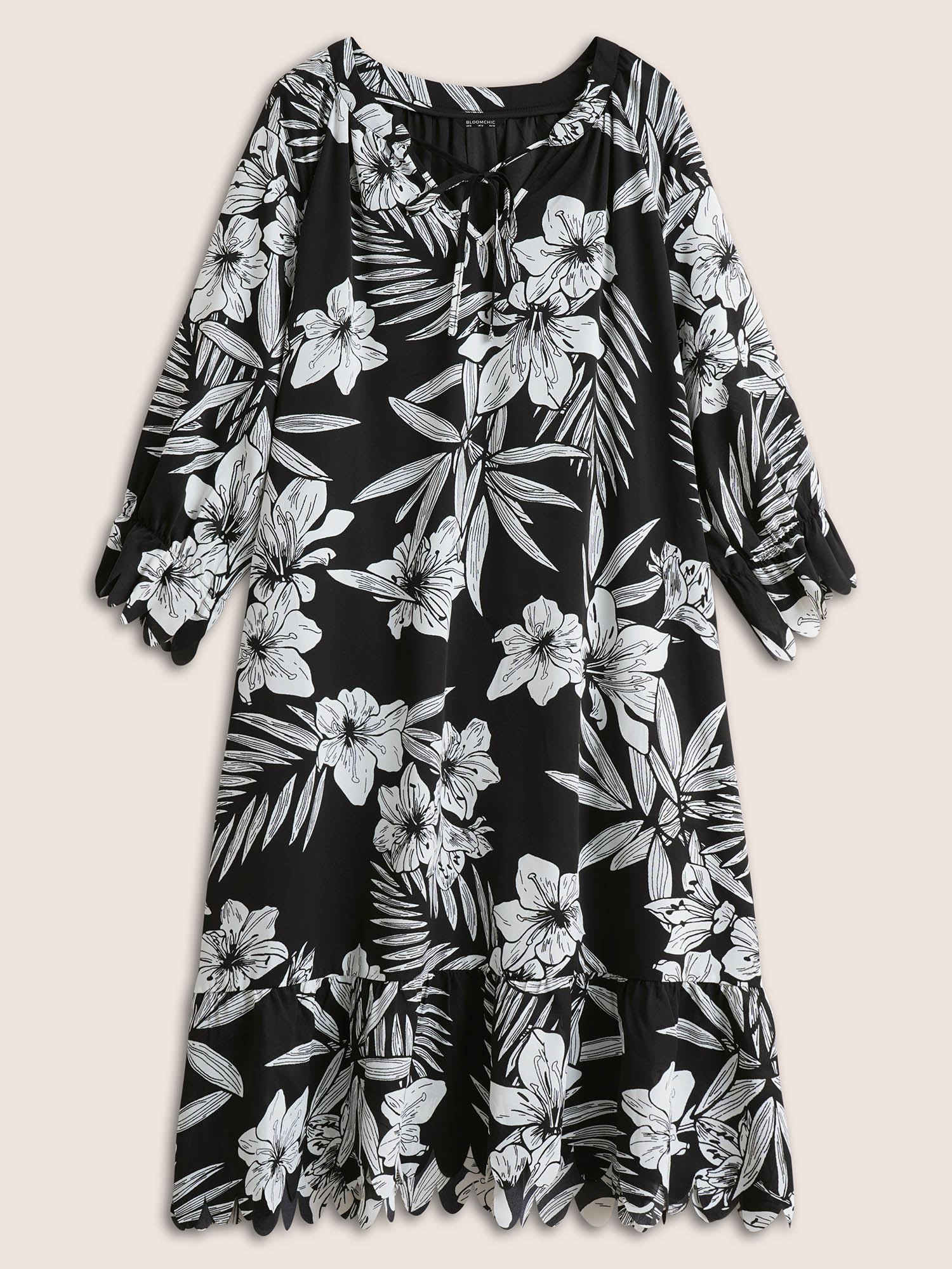 Plus Size Women Vacation Floral Printed Ruffle Sleeve Elbow-length sleeve Tie Neck Pocket Resort Dresses BloomChic 