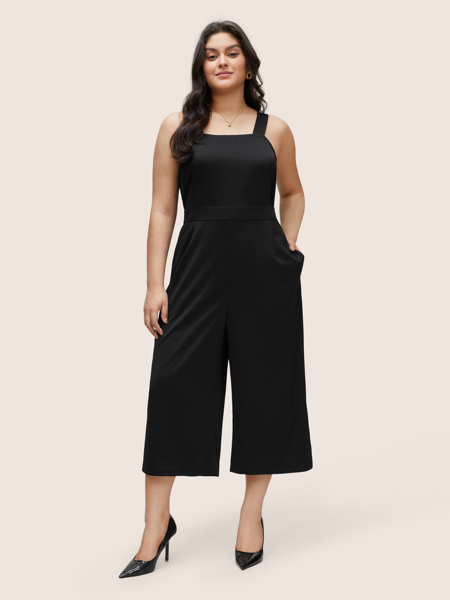 Plus Size Black Solid Adjustable Straps Pocket Cami Jumpsuit Women Workwear Essentials Sleeveless Non Work Loose Jumpsuits BloomChic 22-24/3X 