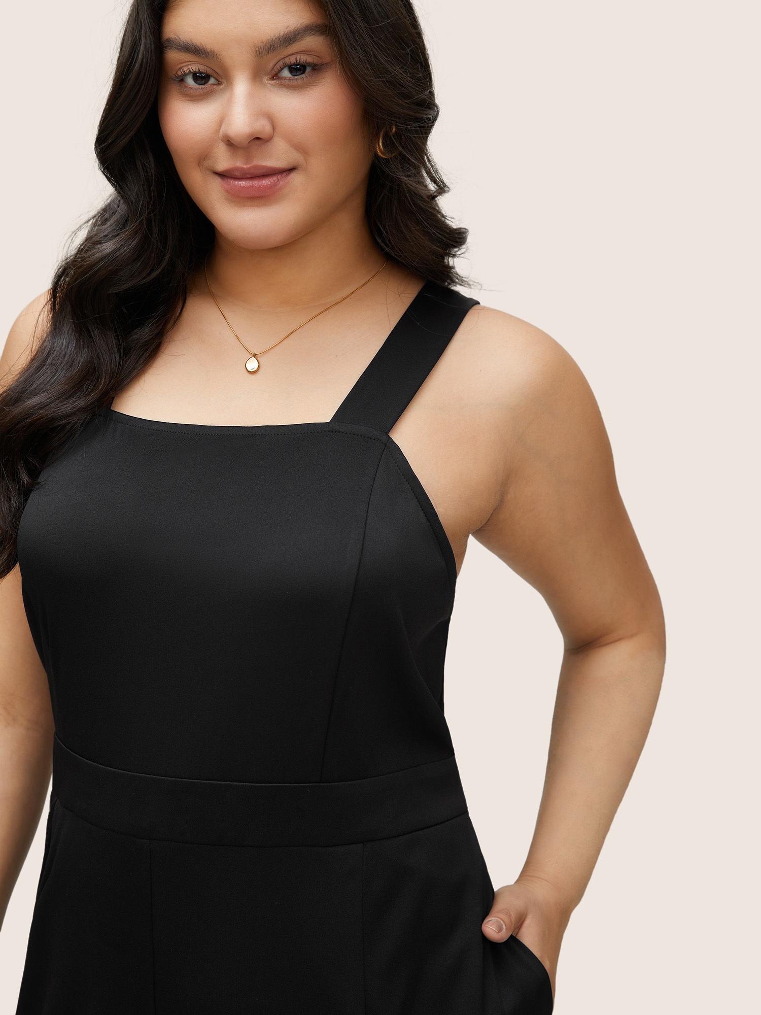 Plus Size Black Solid Adjustable Straps Pocket Cami Jumpsuit Women Workwear Essentials Sleeveless Non Work Loose Jumpsuits BloomChic 22-24/3X 