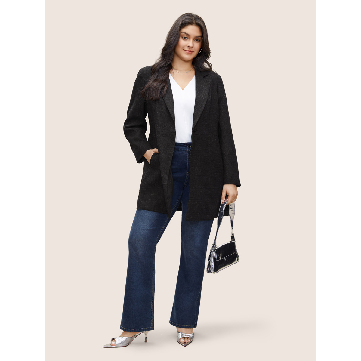 

Plus Size Tweed Heather Button Up Tunic Coat Women Black Workwear Essentials Non Ladies Work Winter Coats BloomChic
