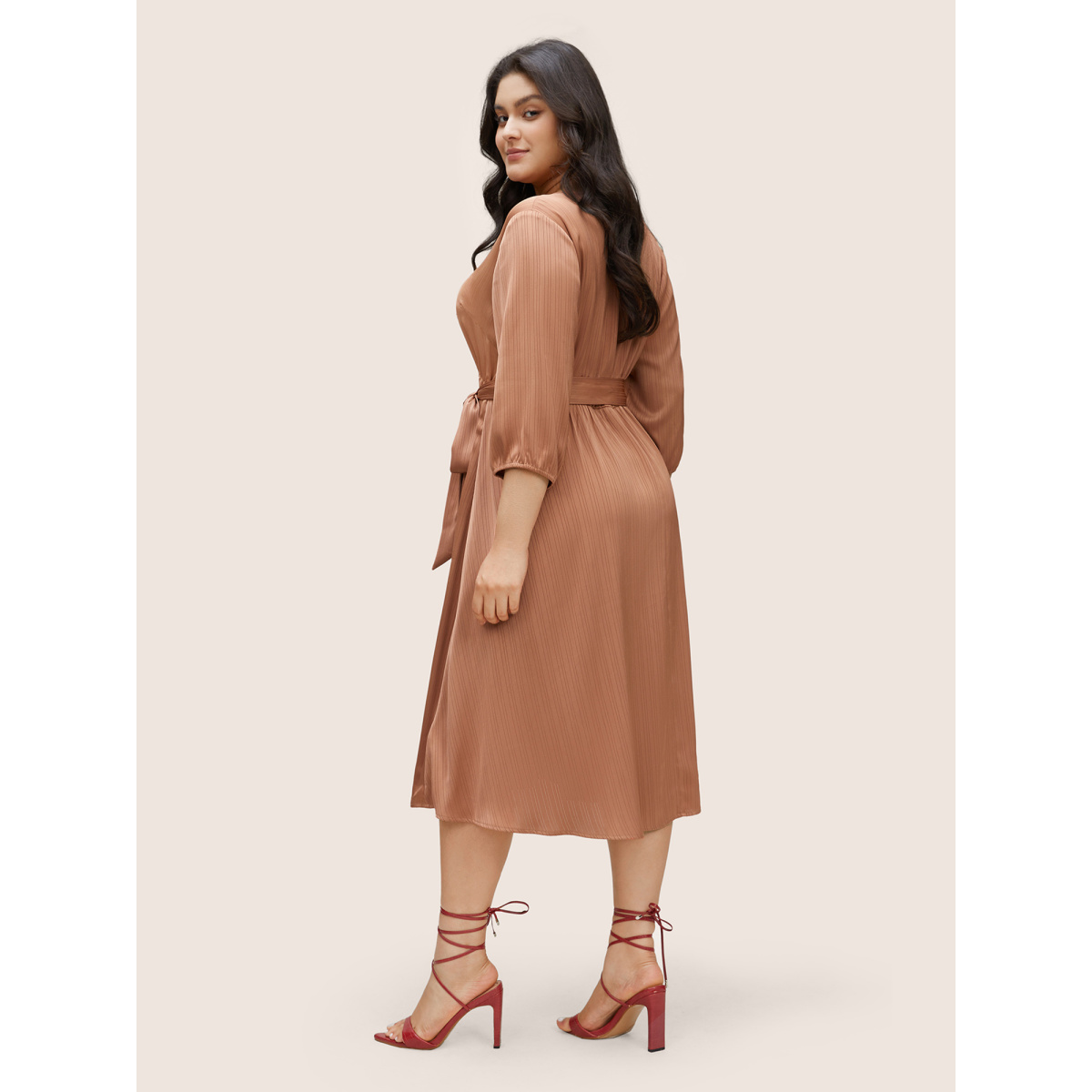 

Plus Size Textured Split Side Belted Overlap Collar Dress Rust Women Non Curvy Midi Dress BloomChic