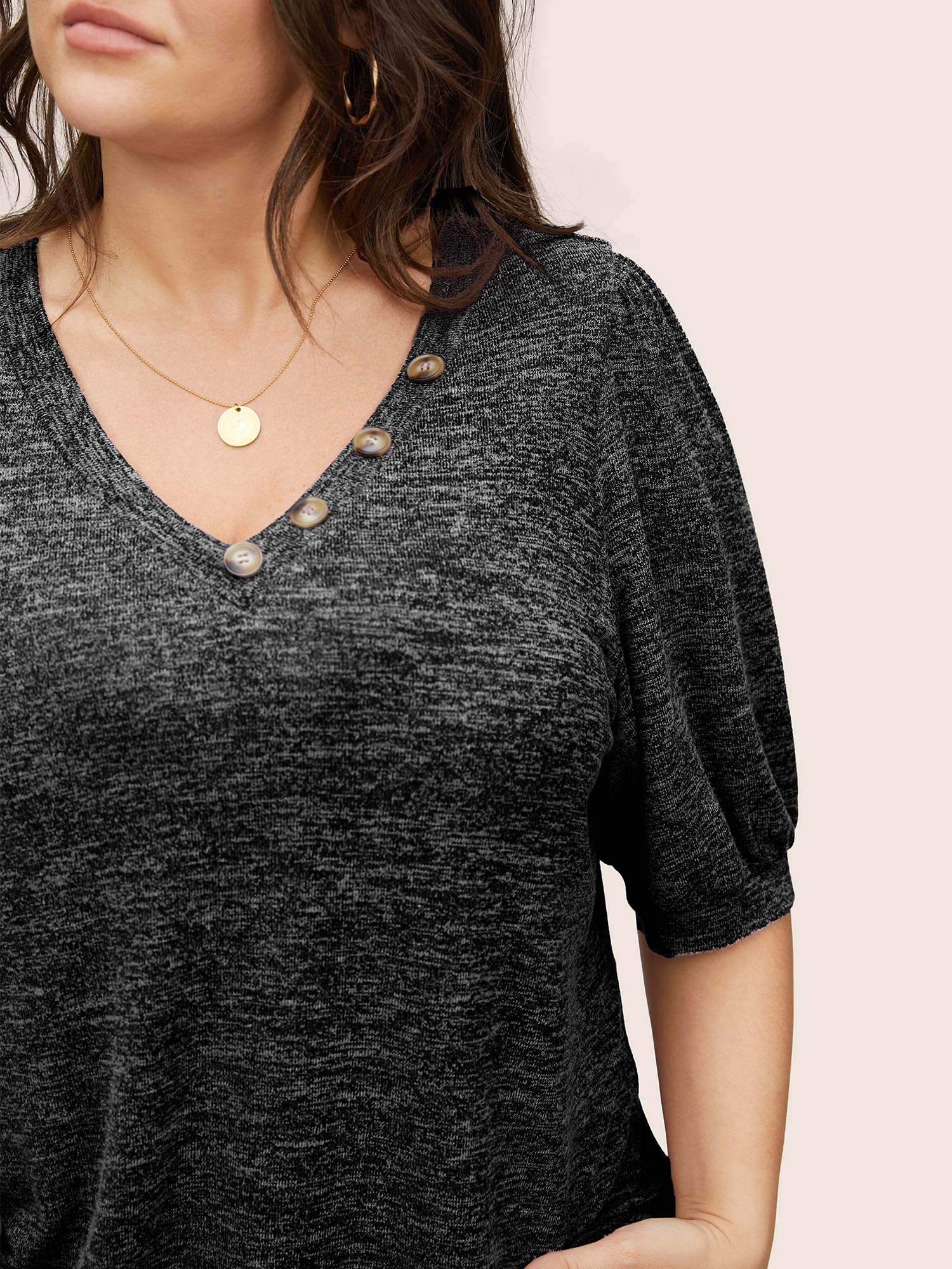 

Plus Size Heather Button Detail Puff Sleeve T-shirt DimGray Women Casual Gathered Plain V-neck Everyday T-shirts BloomChic