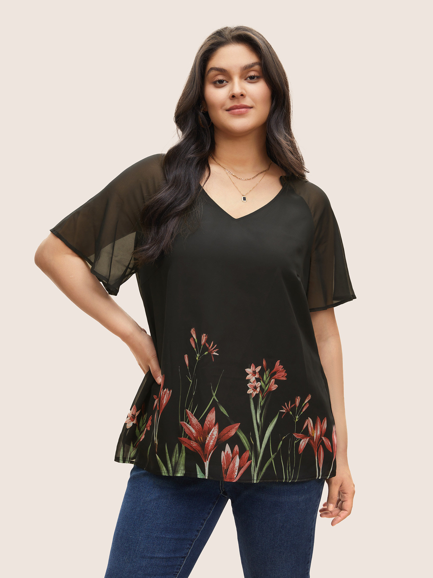 Plus Size Women Everyday Bohemian Print Patchwork Ruffle Sleeve Short sleeve V-neck Elegant Blouses BloomChic 